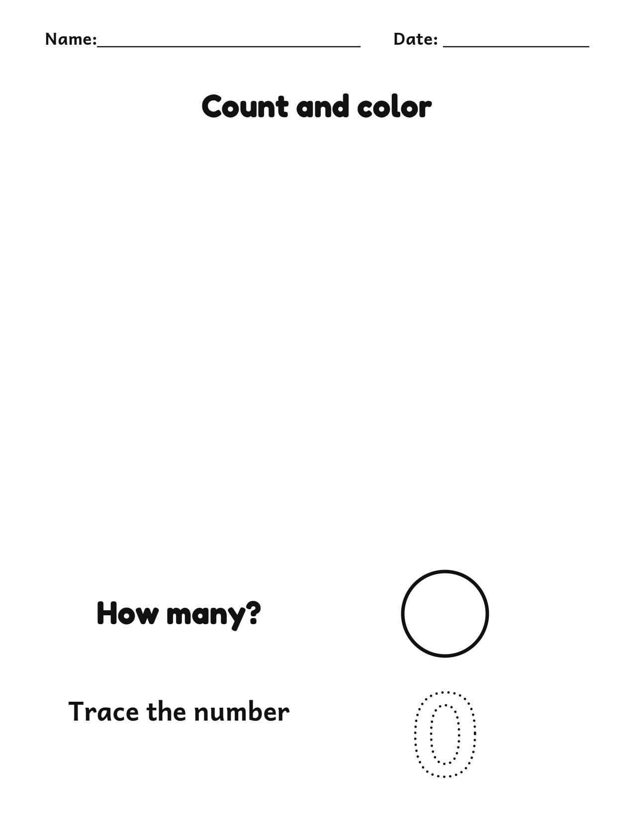 Count and color 0 hearts worksheet with a number tracing box