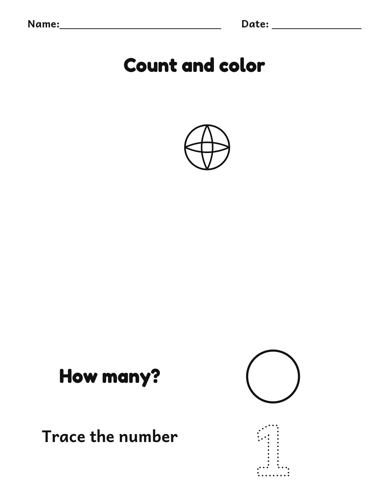 Count and color 1 balls worksheet with a number tracing box