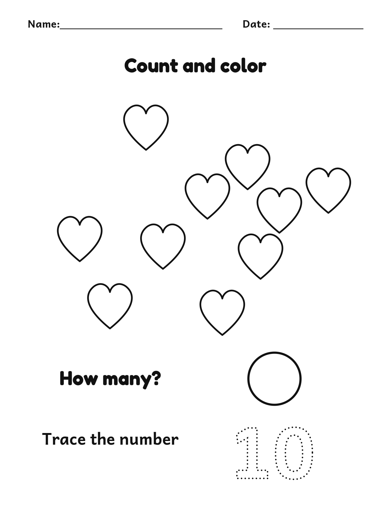 Count and color 10 hearts worksheet with a number tracing box