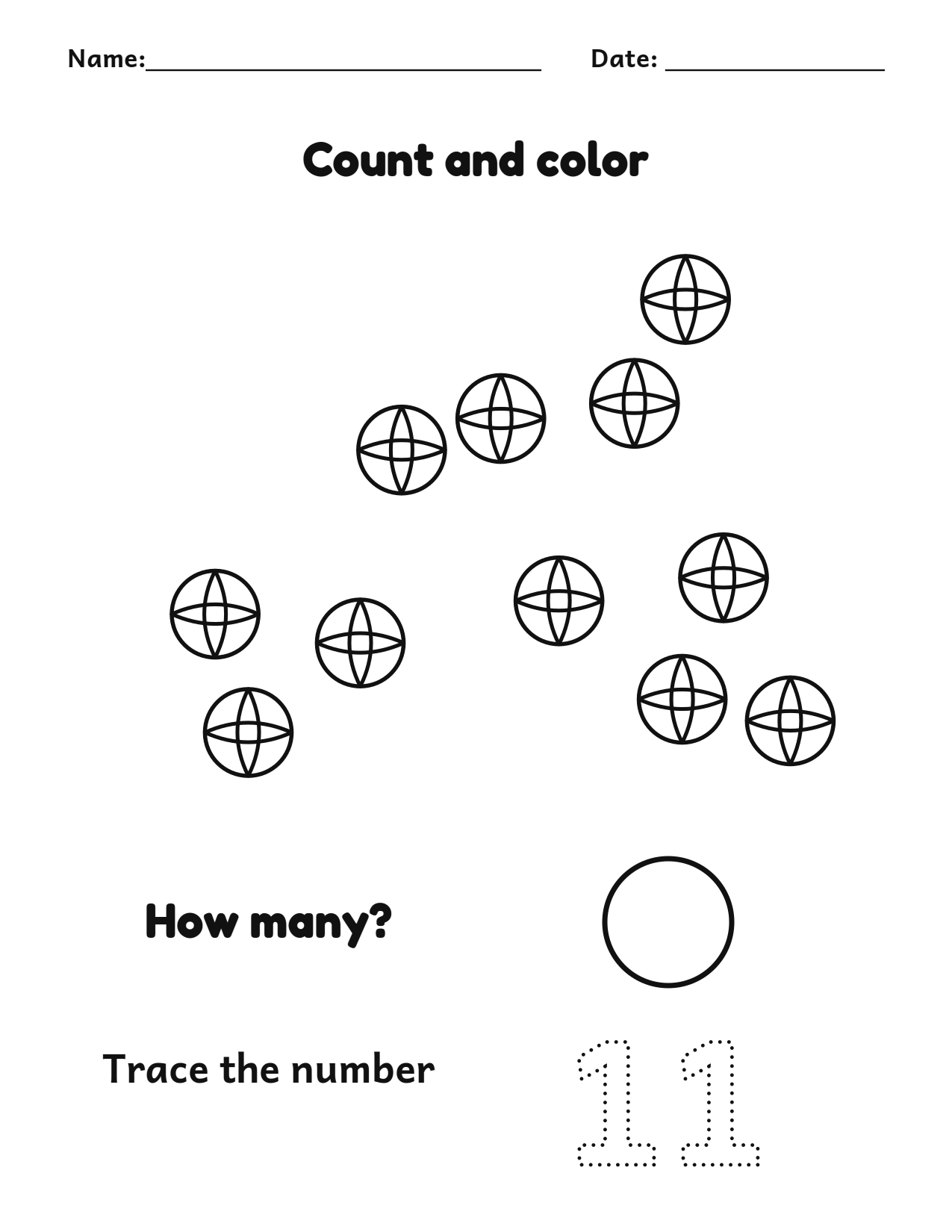 Count and color 11 balls worksheet with a number tracing box