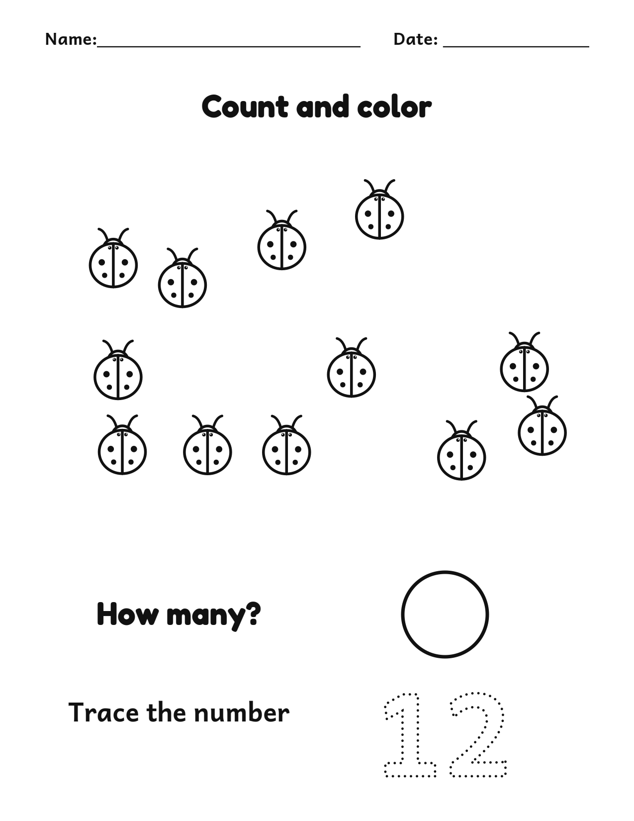 Count and color 12 ladybugs worksheet with a number tracing box