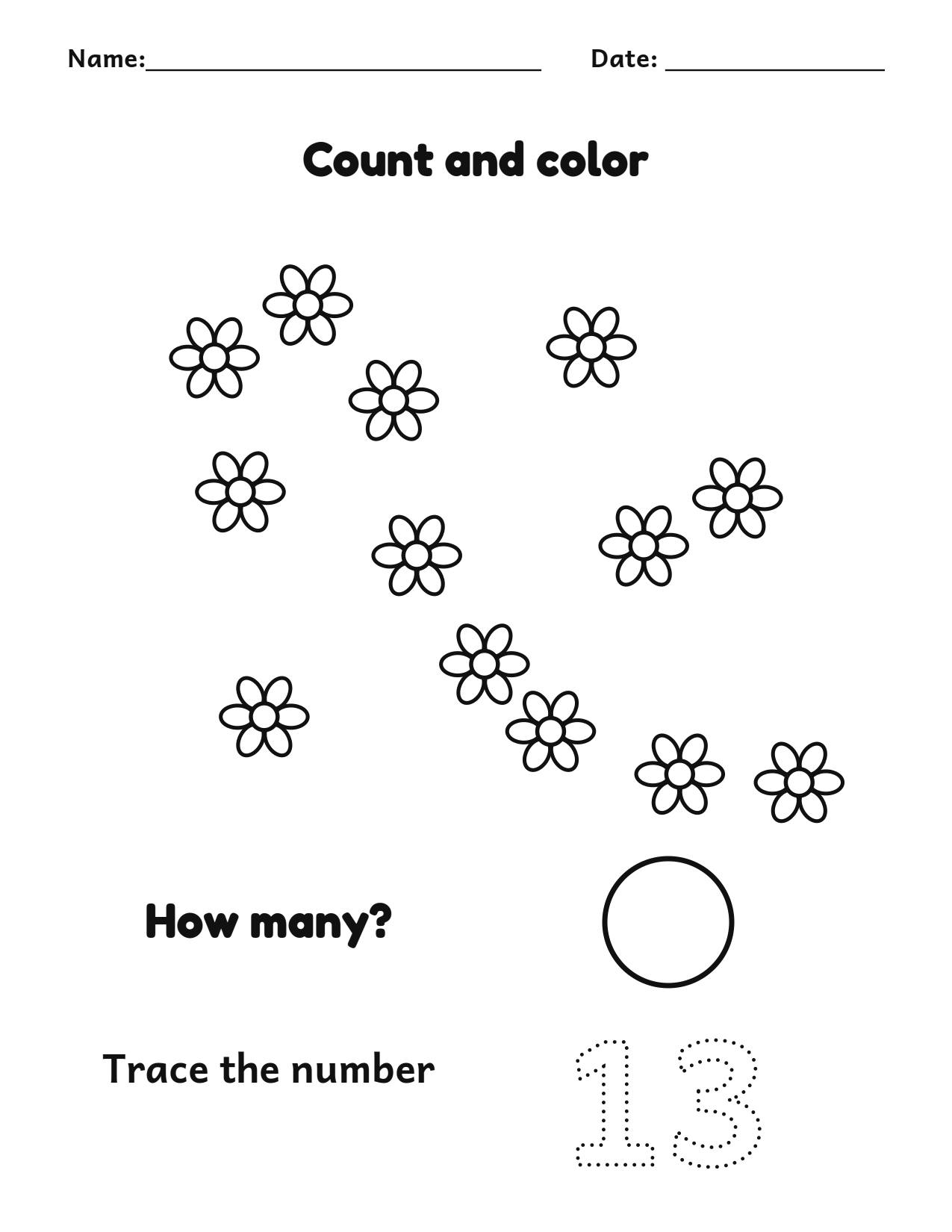 Count and color 13 flowers worksheet with a number tracing box