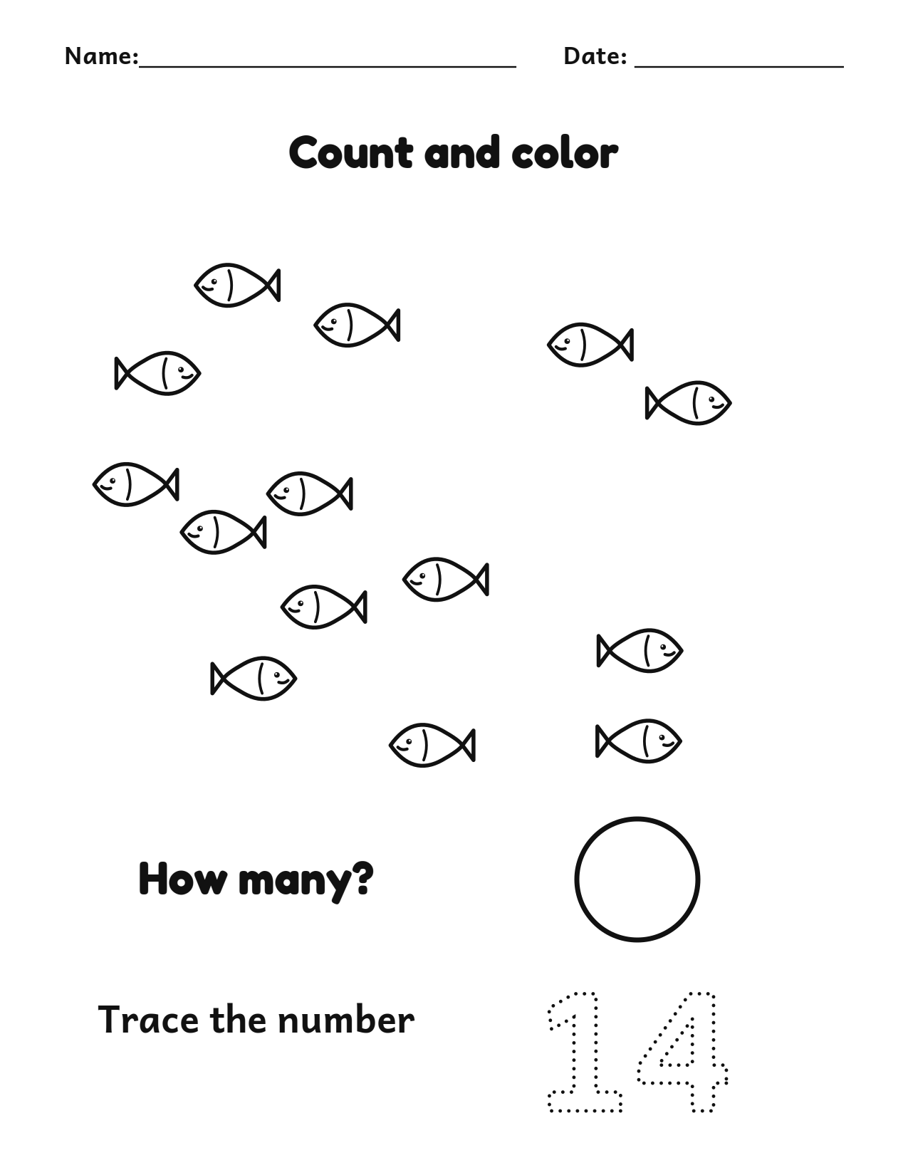 Count and color 14 fish worksheet with a number tracing box