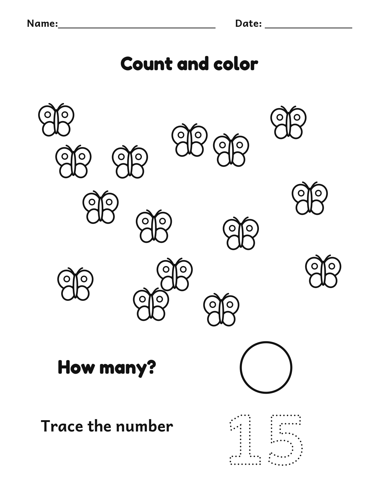 Count and color 15 butterflies worksheet with a number tracing box