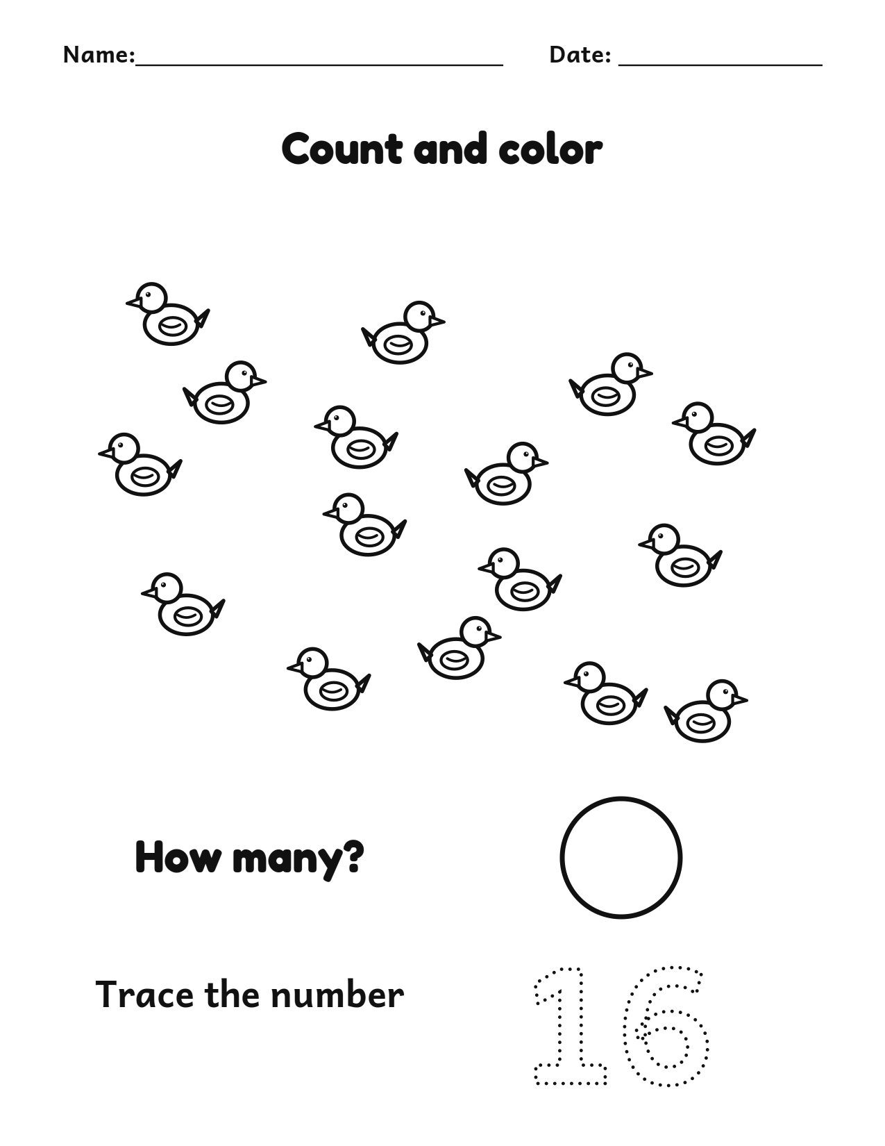 Count and color 16 ducks worksheet with a number tracing box