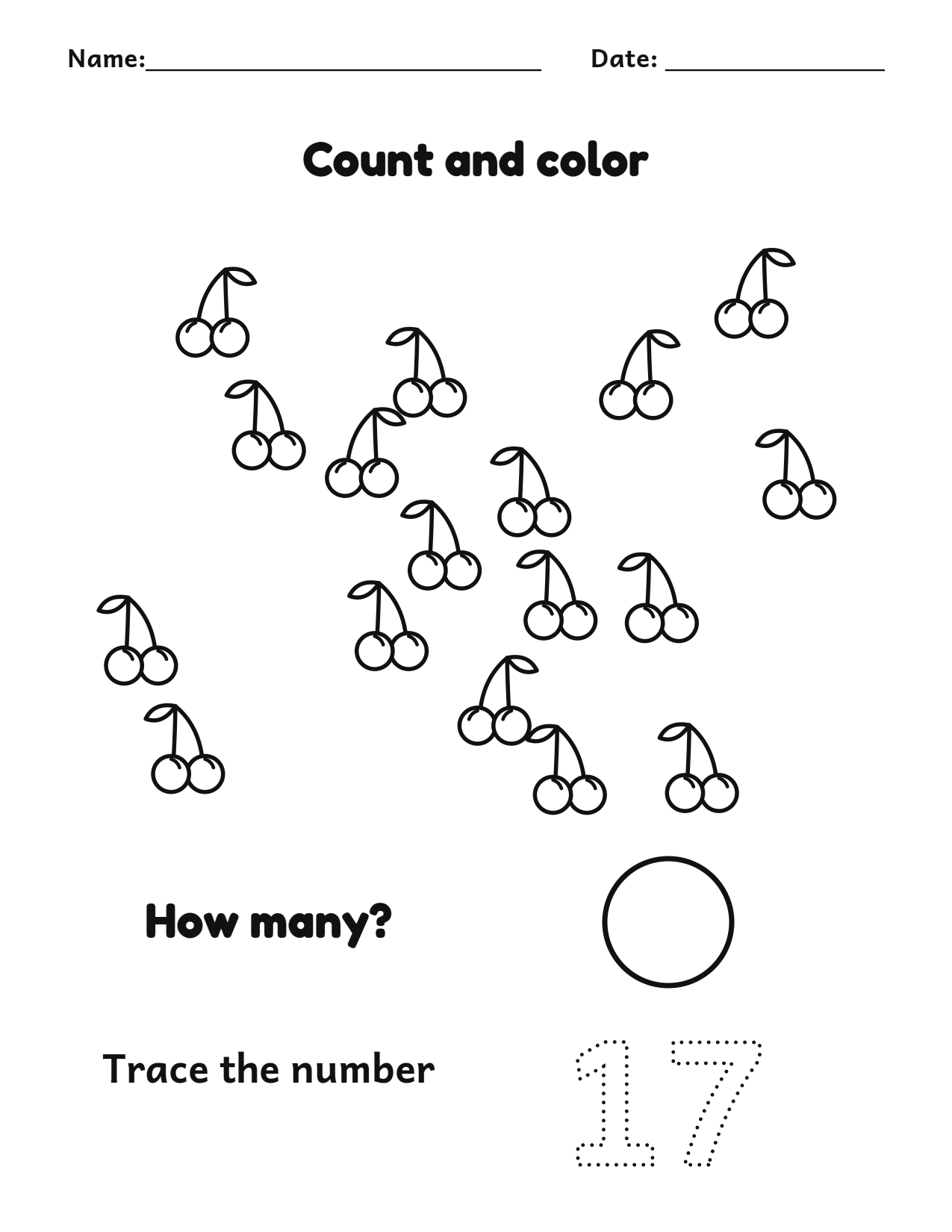 Count and color 17 cherries worksheet with a number tracing box