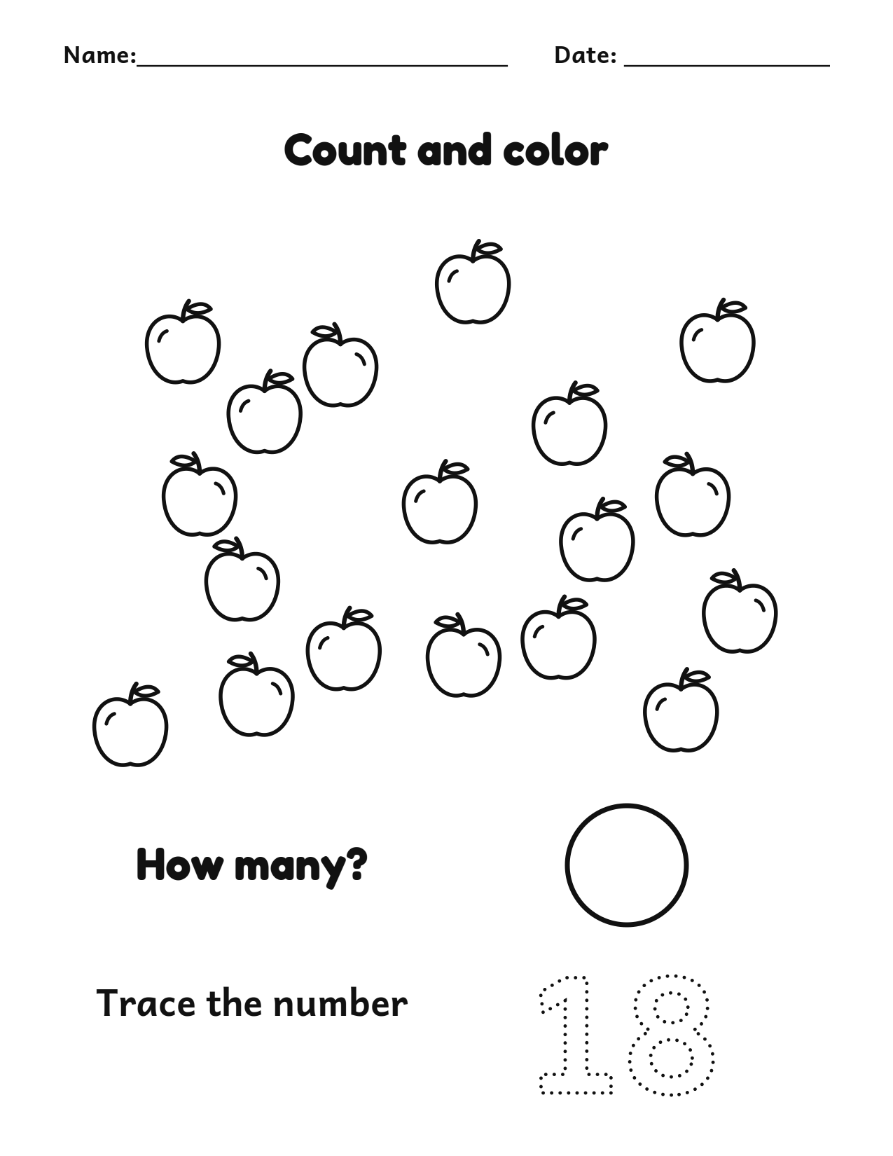 Count and color 18 apples worksheet with a number tracing box