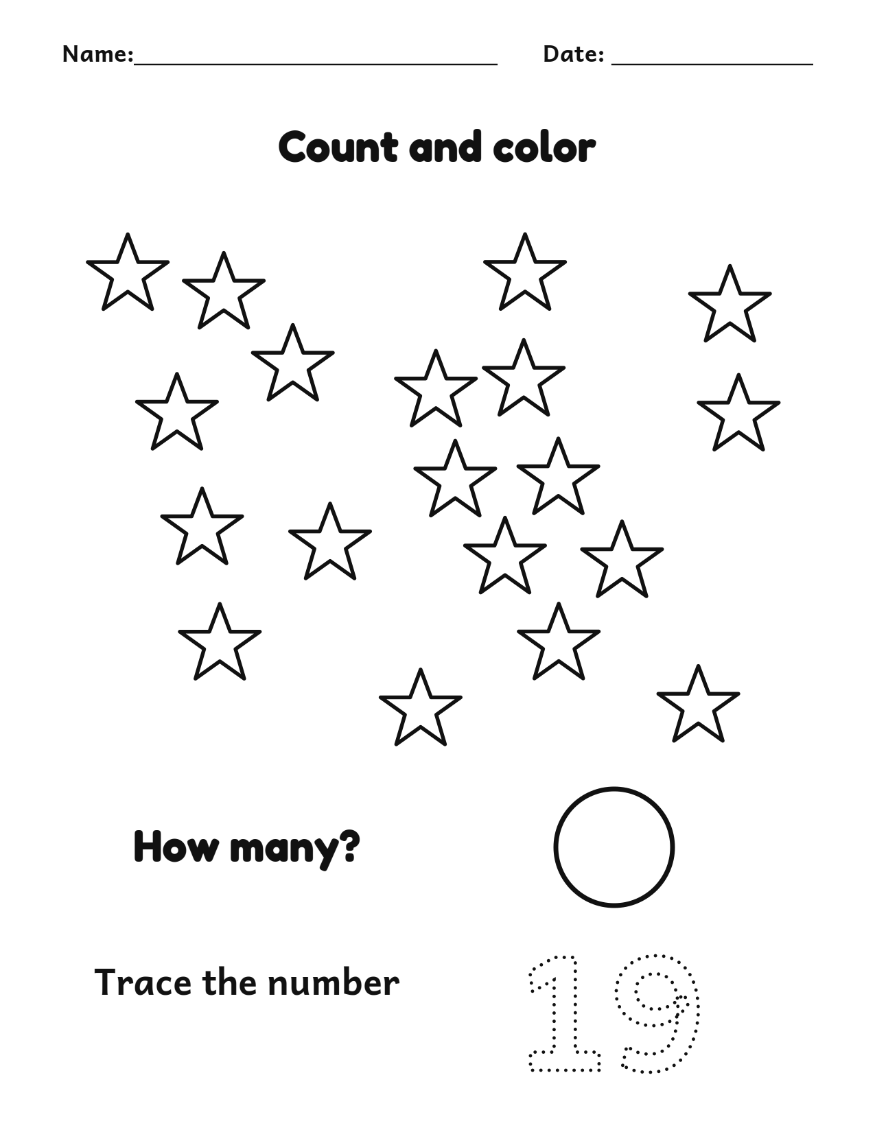 Count and color 19 stars worksheet with a number tracing box