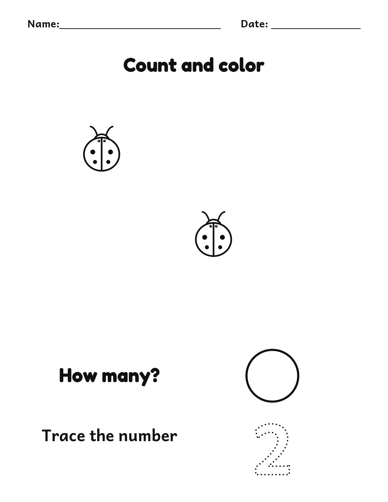 Count and color 2 ladybugs worksheet with a number tracing box