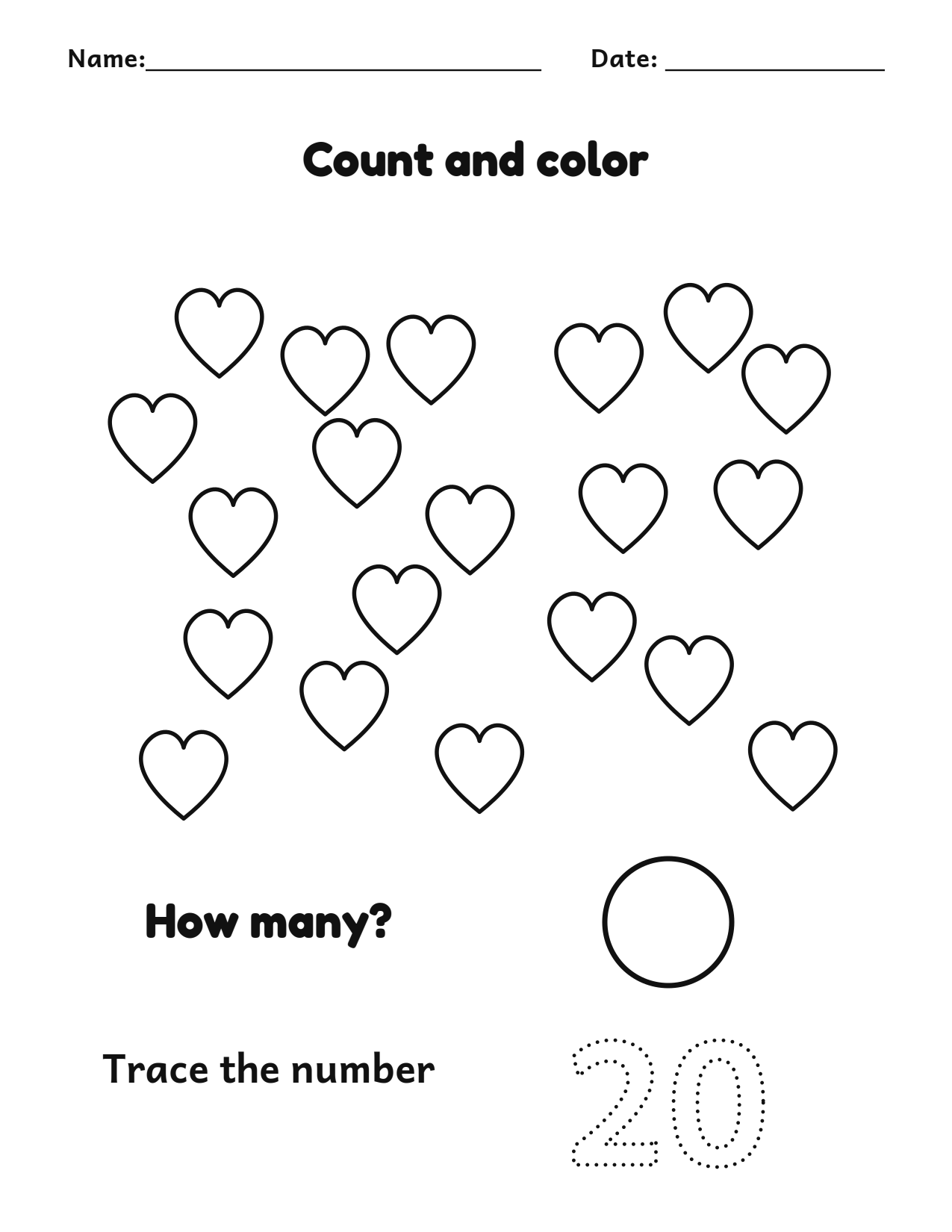 Count and color 20 hearts worksheet with a number tracing box