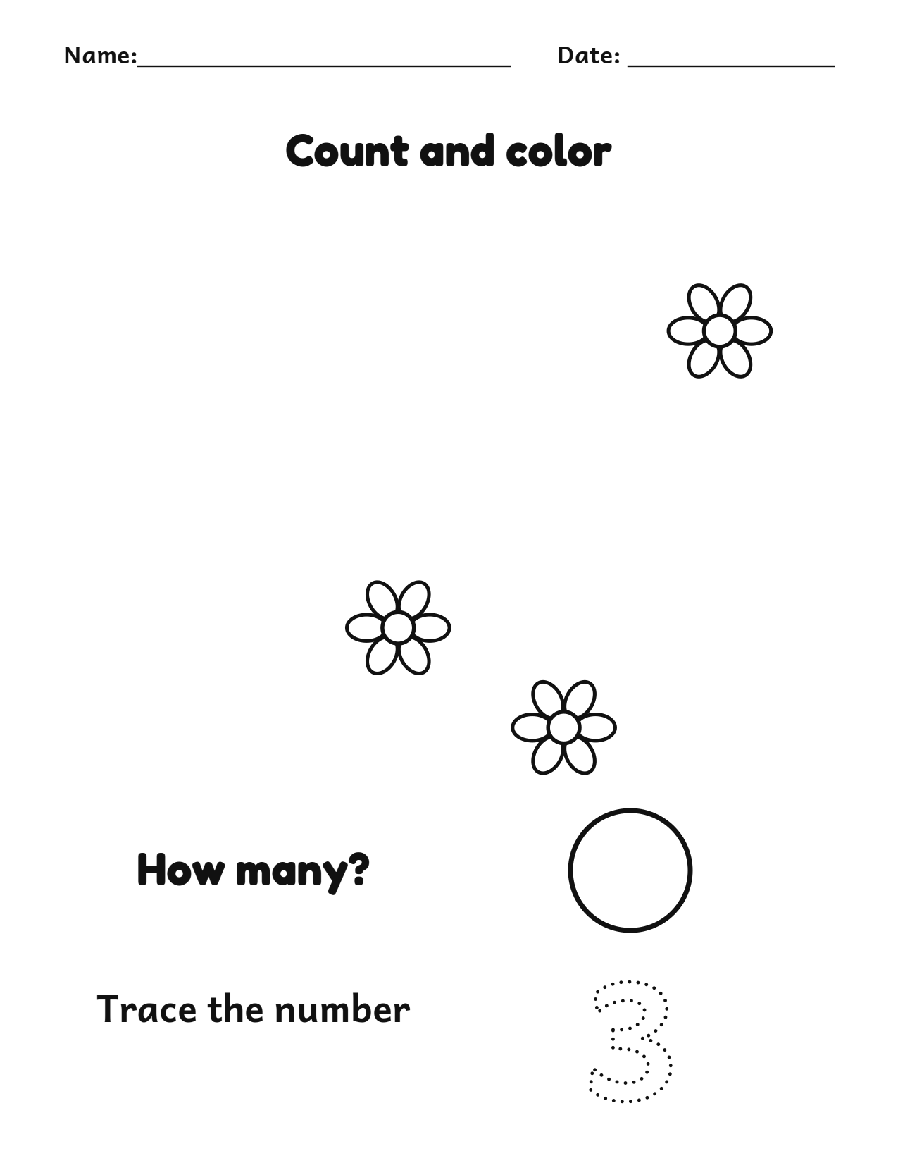 Count and color 3 flowers worksheet with a number tracing box