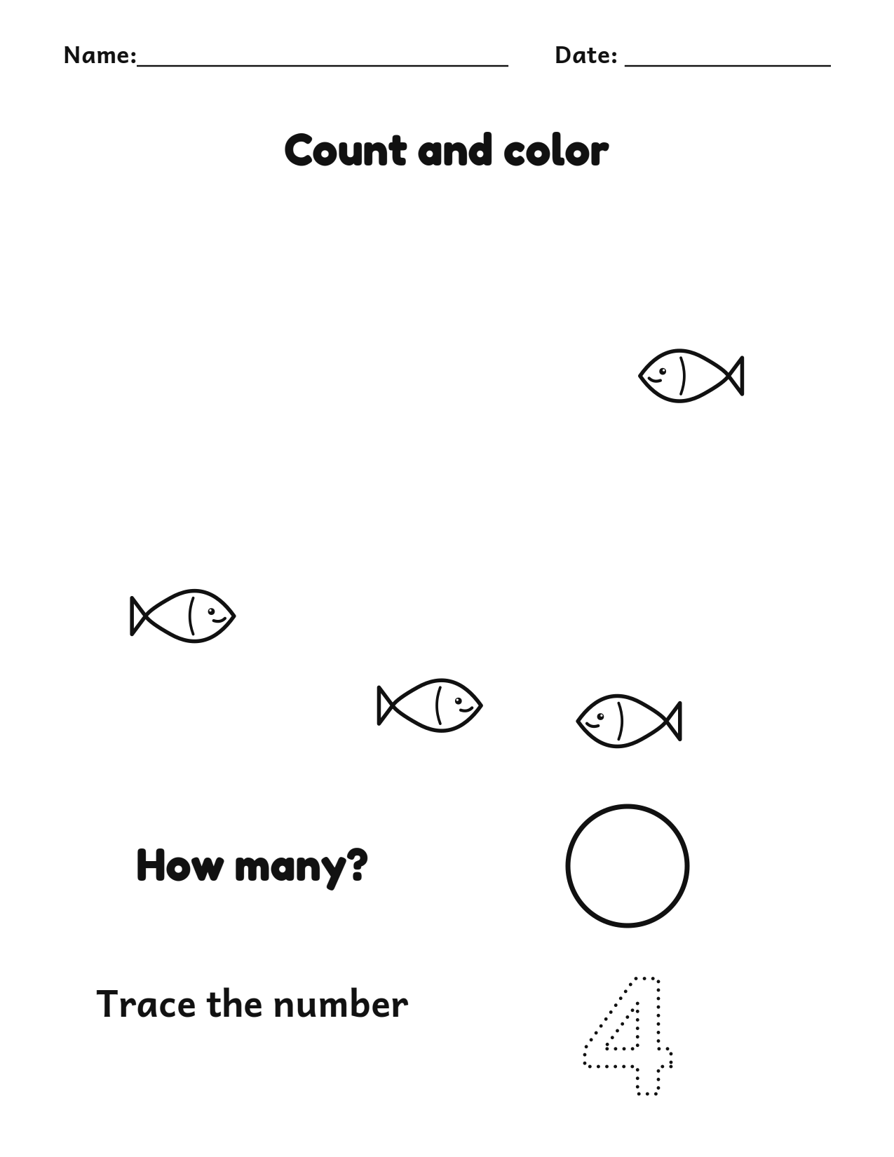 Count and color 4 fish worksheet with a number tracing box