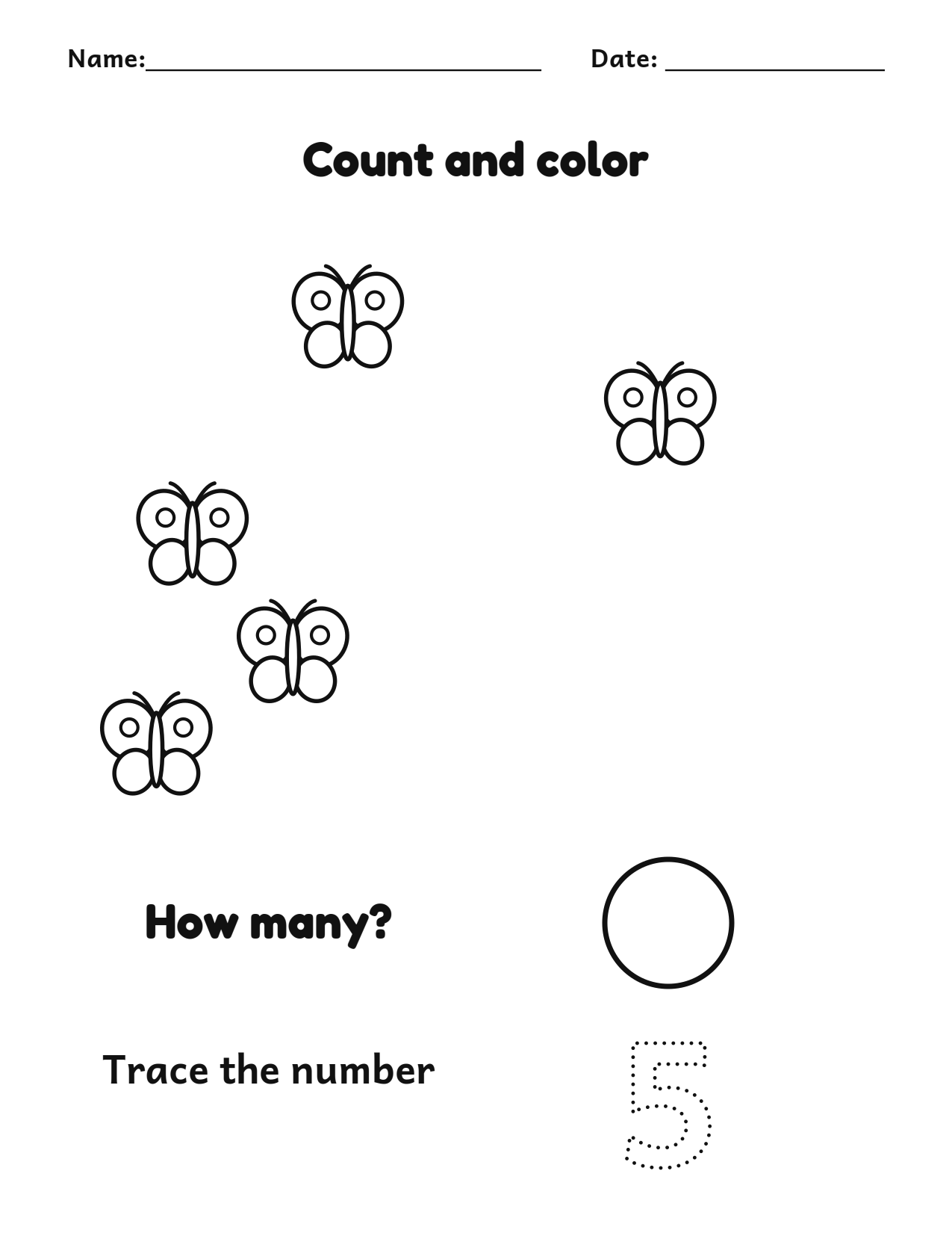 Count and color 5 butterflies worksheet with a number tracing box