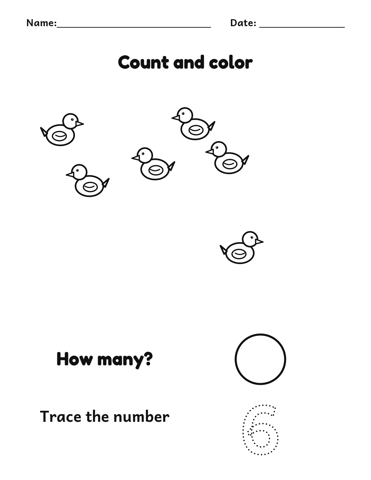 Count and color 6 ducks worksheet with a number tracing box