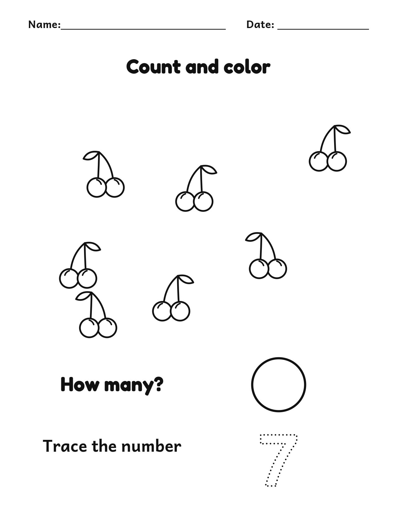 Count and color 7 cherries worksheet with a number tracing box
