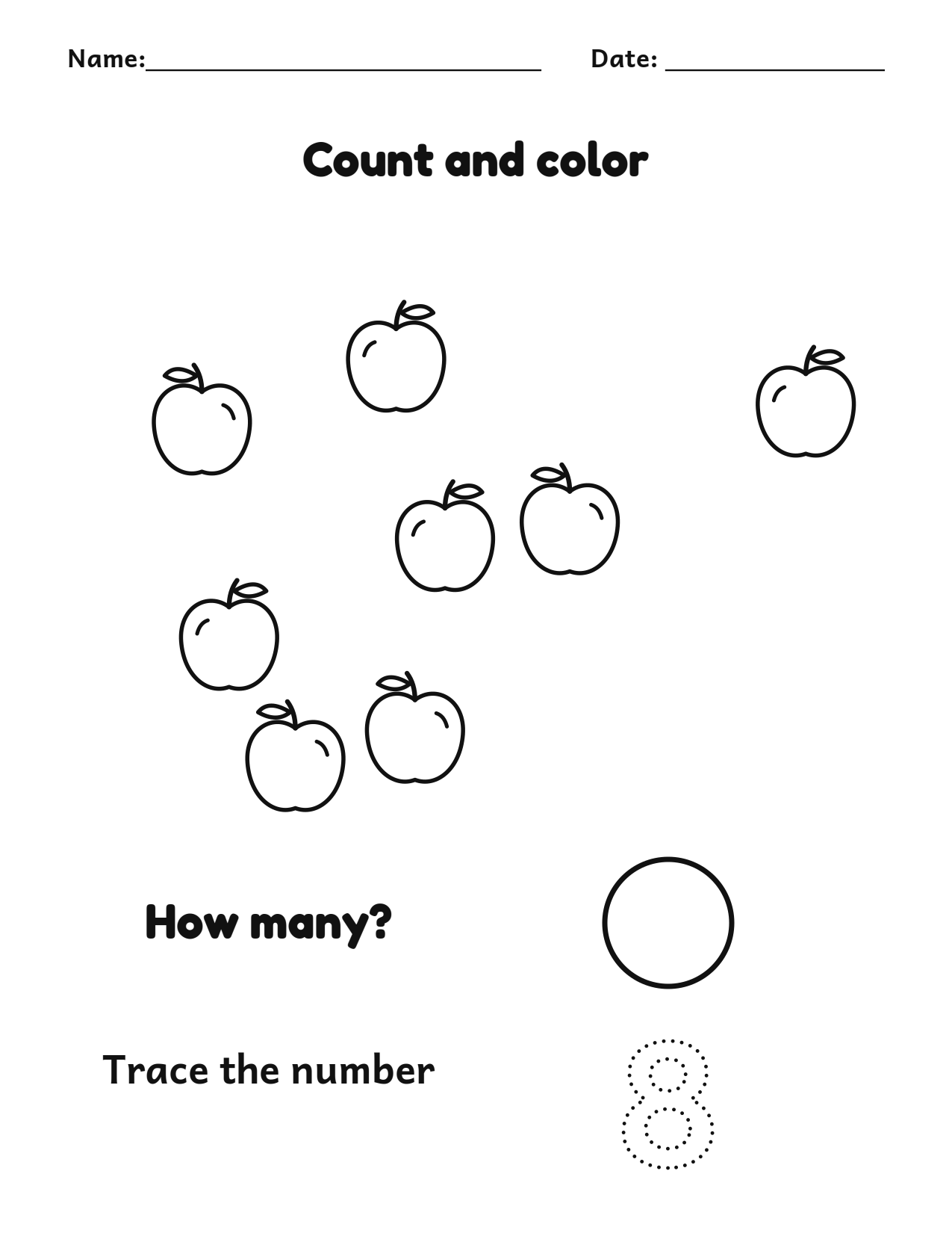 Count and color 8 apples worksheet with a number tracing box