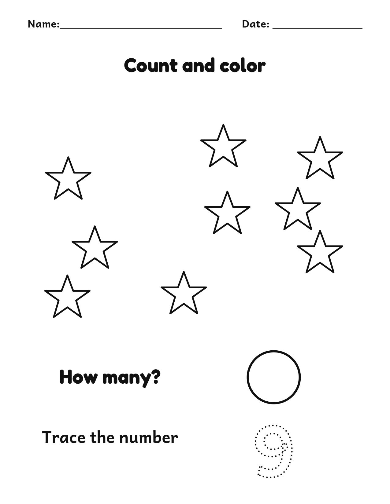 Count and color 9 stars worksheet with a number tracing box