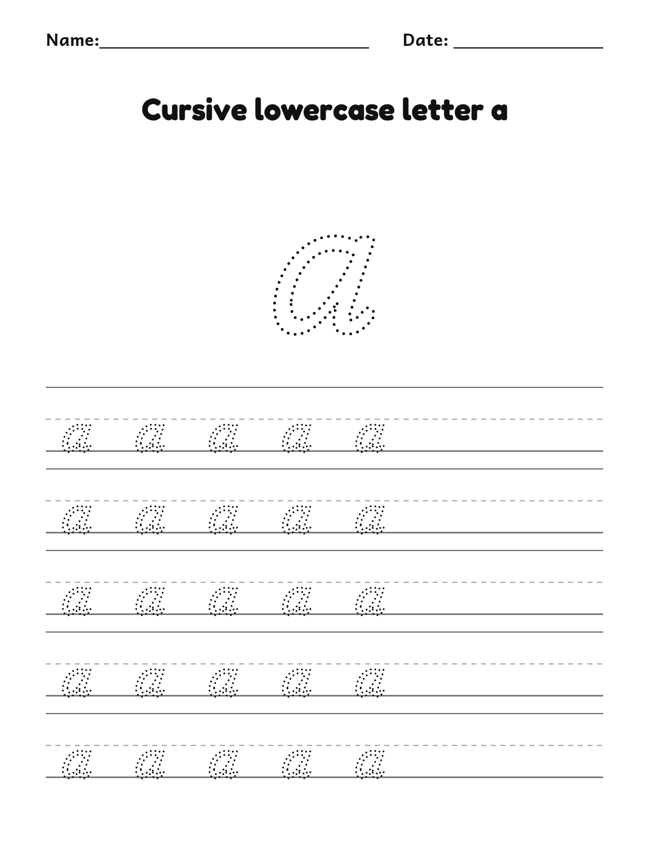 Cursive lowercase letter a handwriting practice worksheet with dotted letters and writing lines