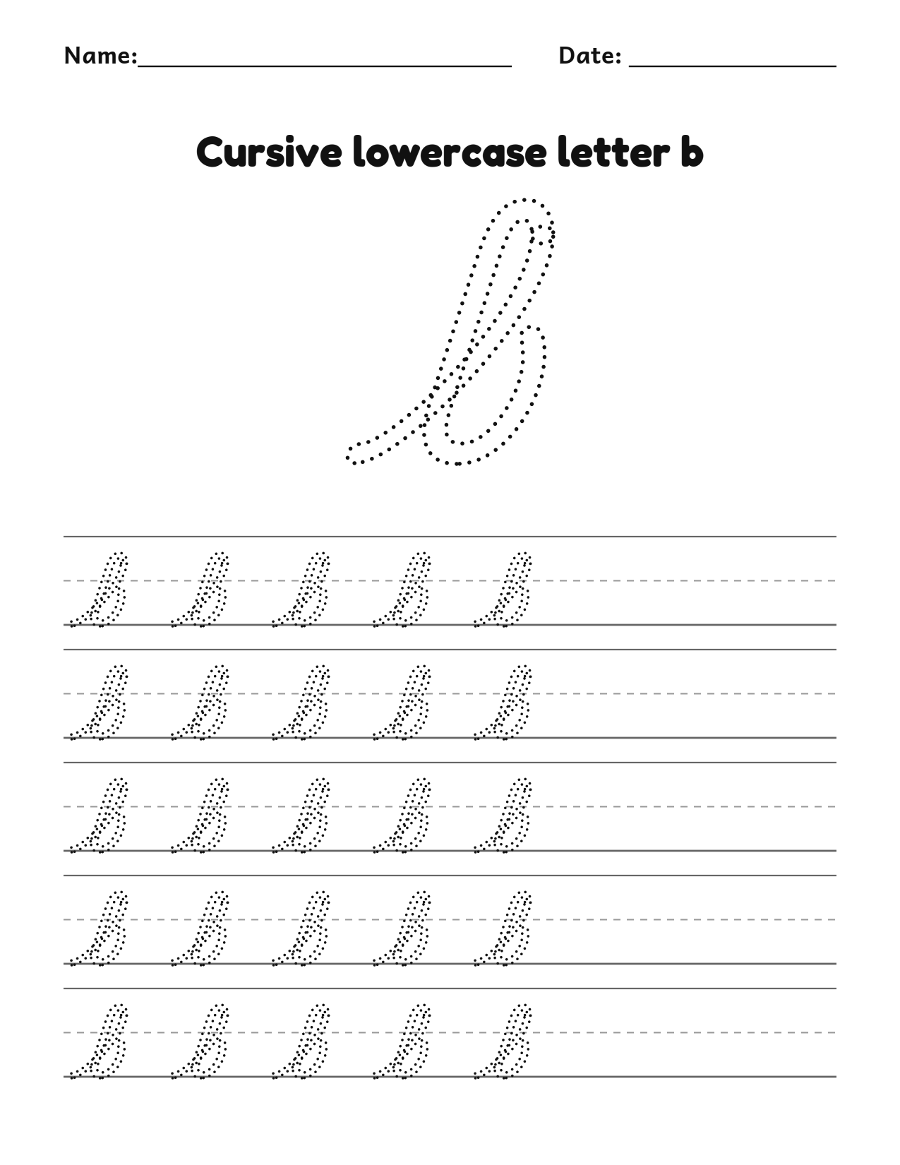 Cursive lowercase letter b handwriting practice worksheet with dotted letters and writing lines