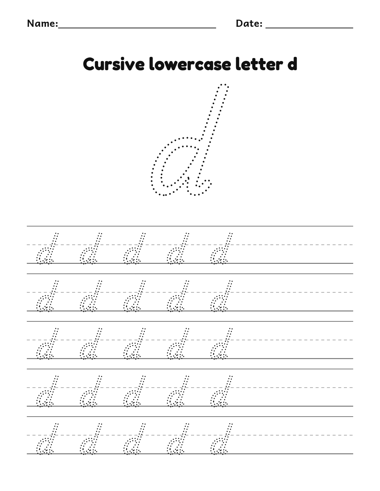 Cursive lowercase letter d handwriting practice worksheet with dotted letters and writing lines