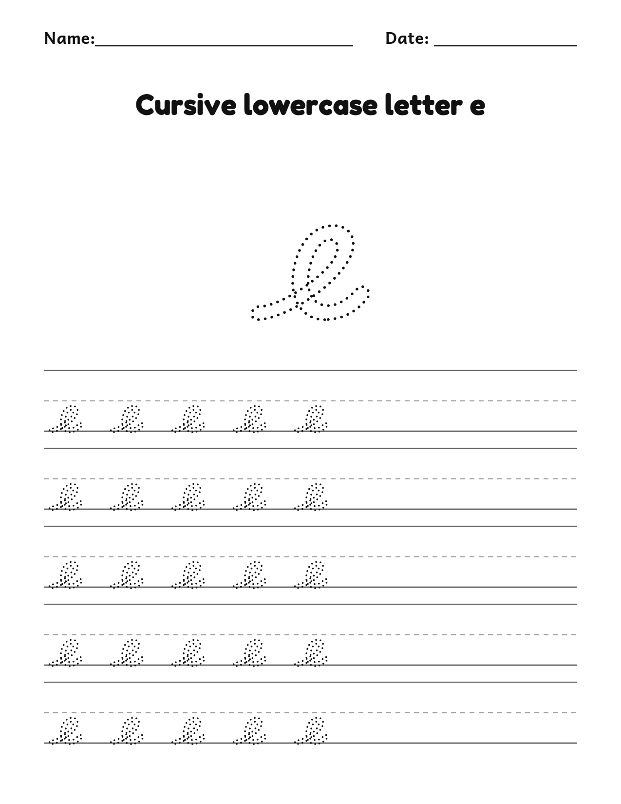 Cursive lowercase letter e handwriting practice worksheet with dotted letters and writing lines