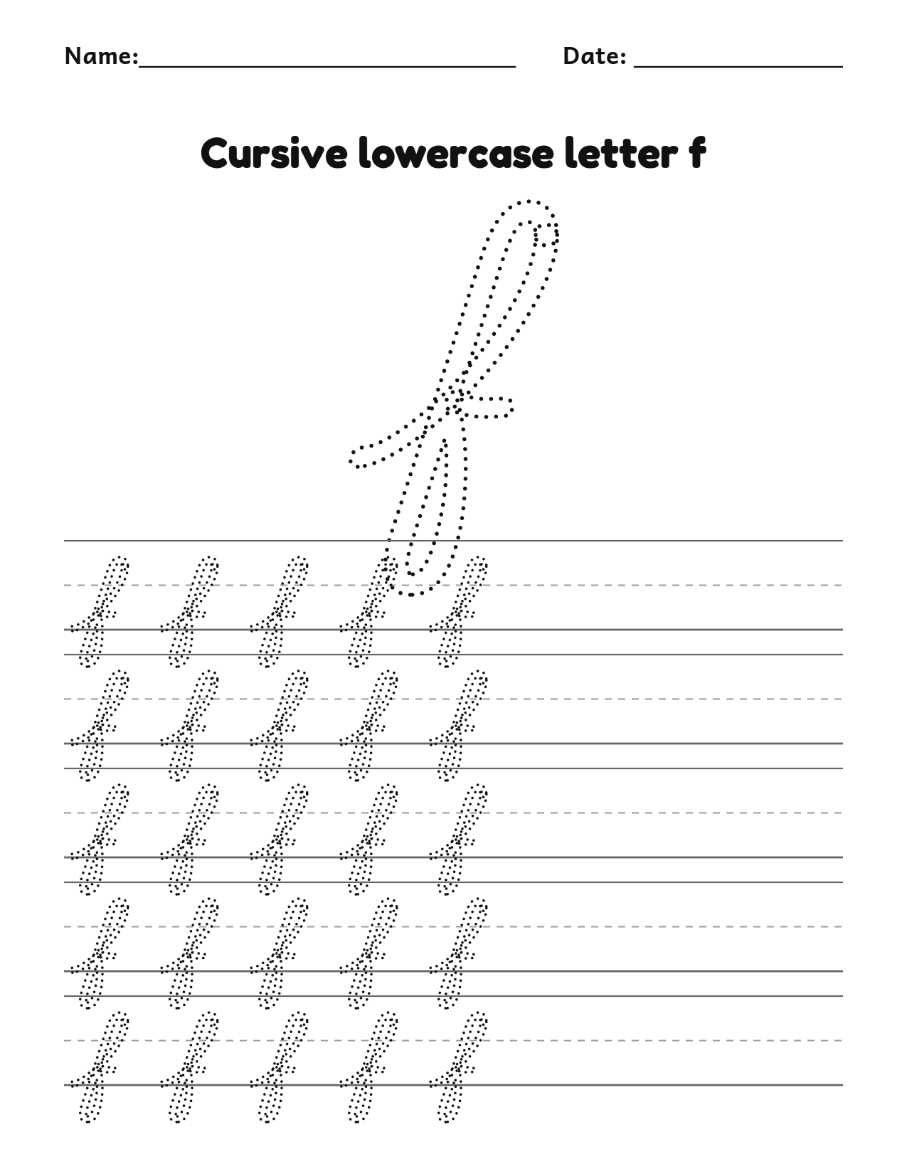 Cursive lowercase letter f handwriting practice worksheet with dotted letters and writing lines