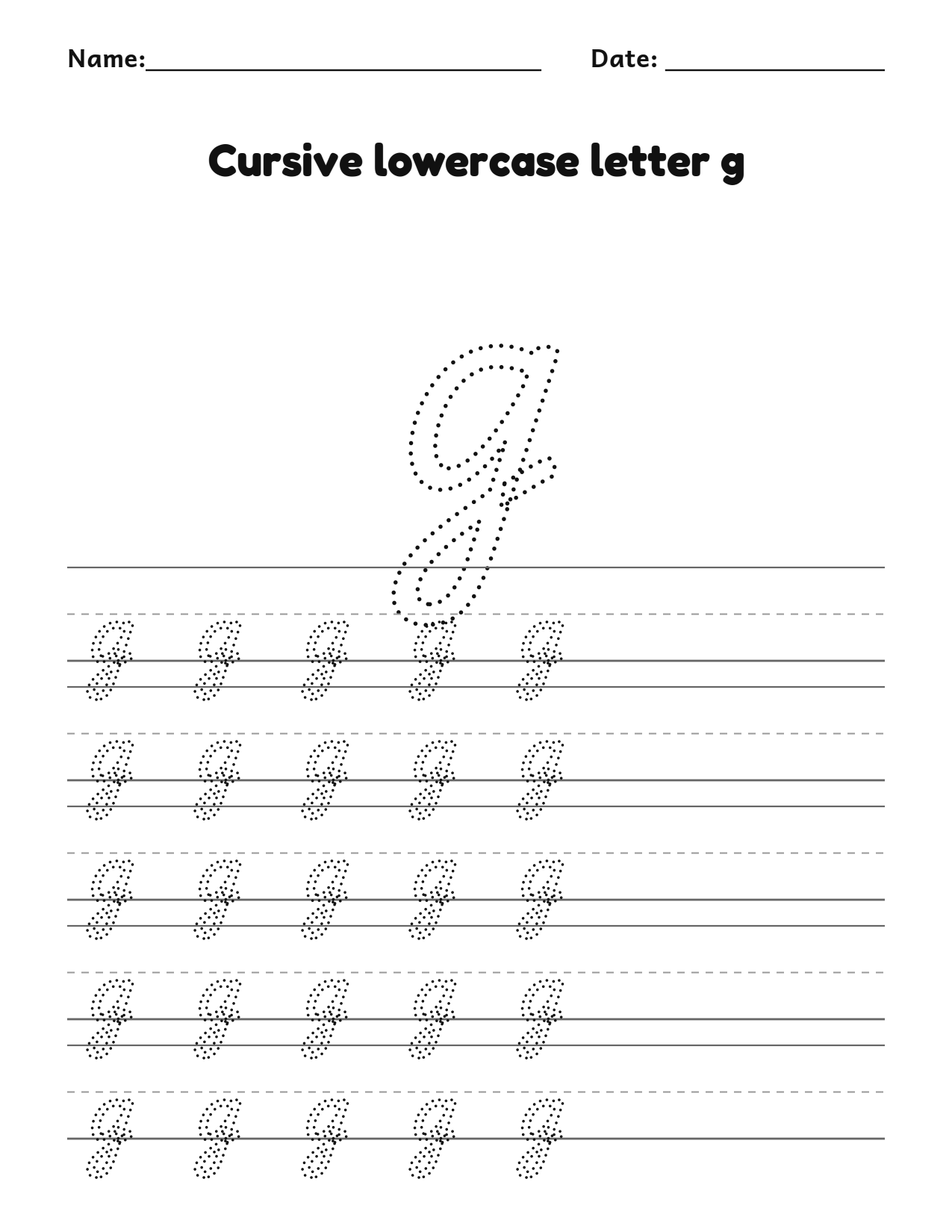 Cursive lowercase letter g handwriting practice worksheet with dotted letters and writing lines