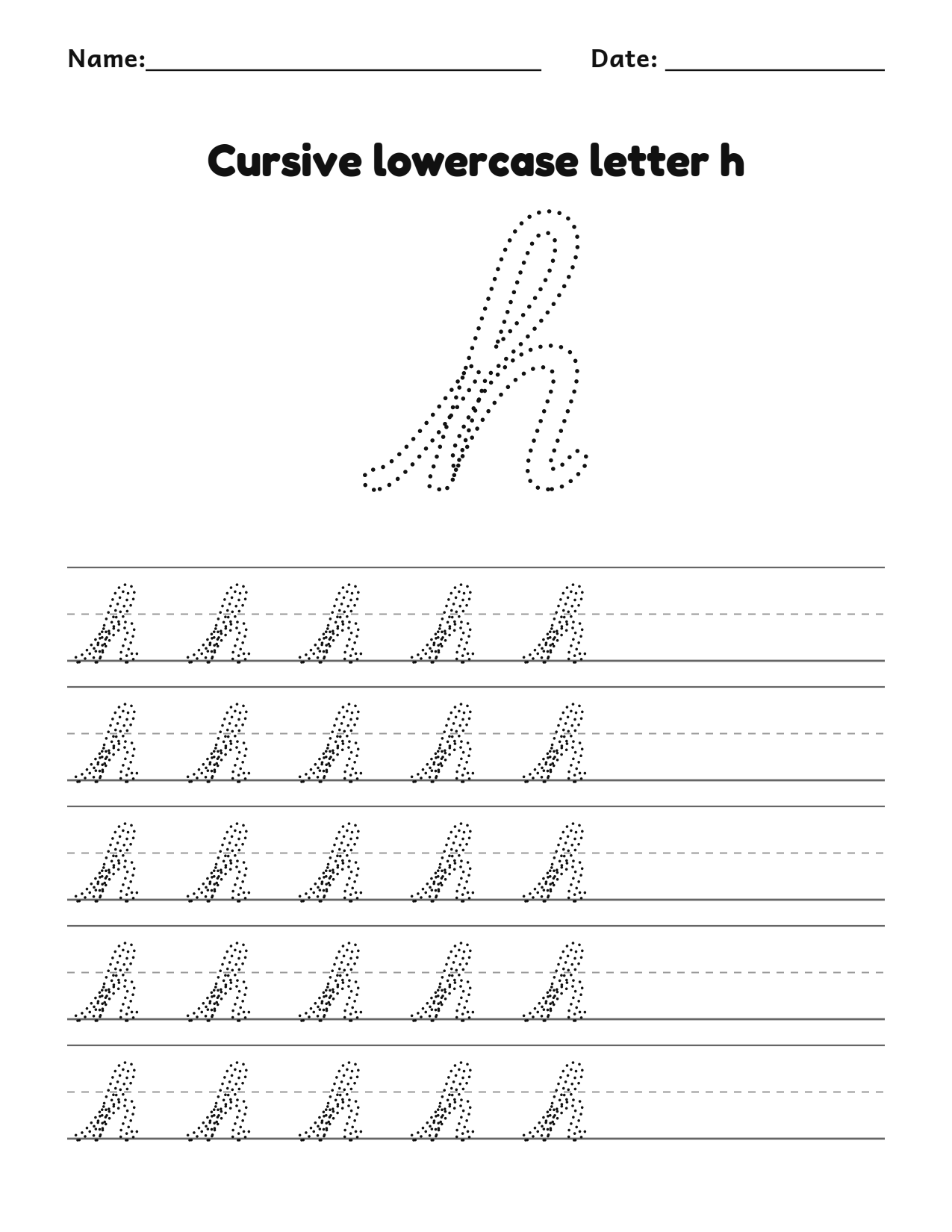Cursive lowercase letter h handwriting practice worksheet with dotted letters and writing lines