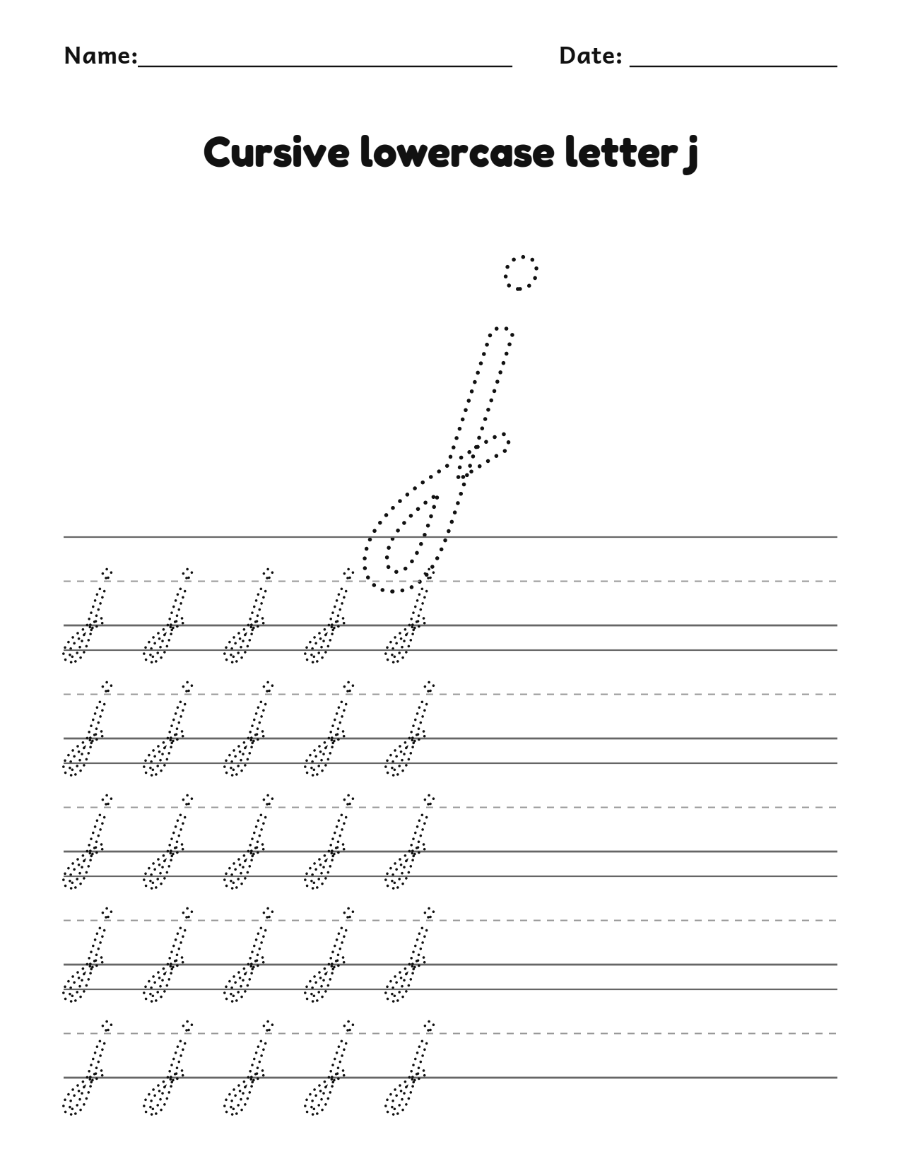 Cursive lowercase letter j handwriting practice worksheet with dotted letters and writing lines