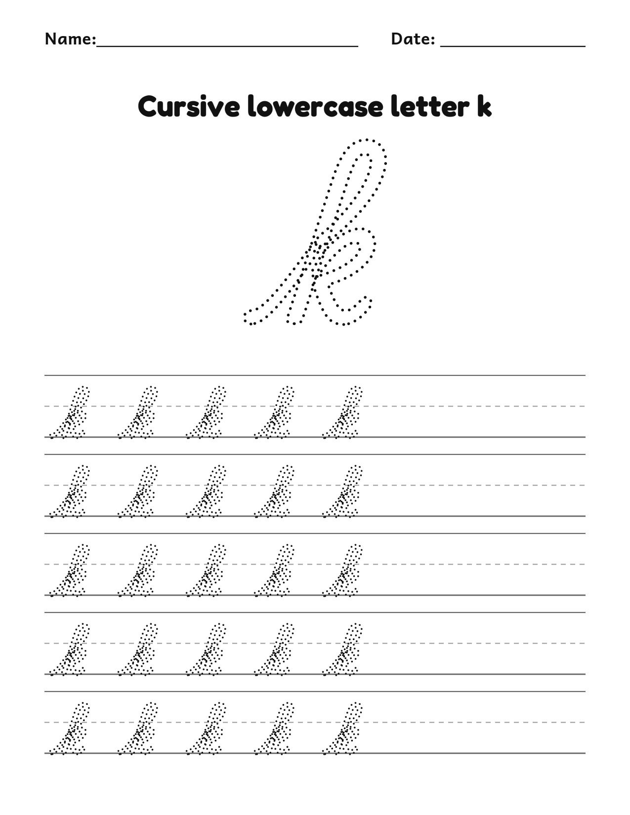 Cursive lowercase letter k handwriting practice worksheet with dotted letters and writing lines