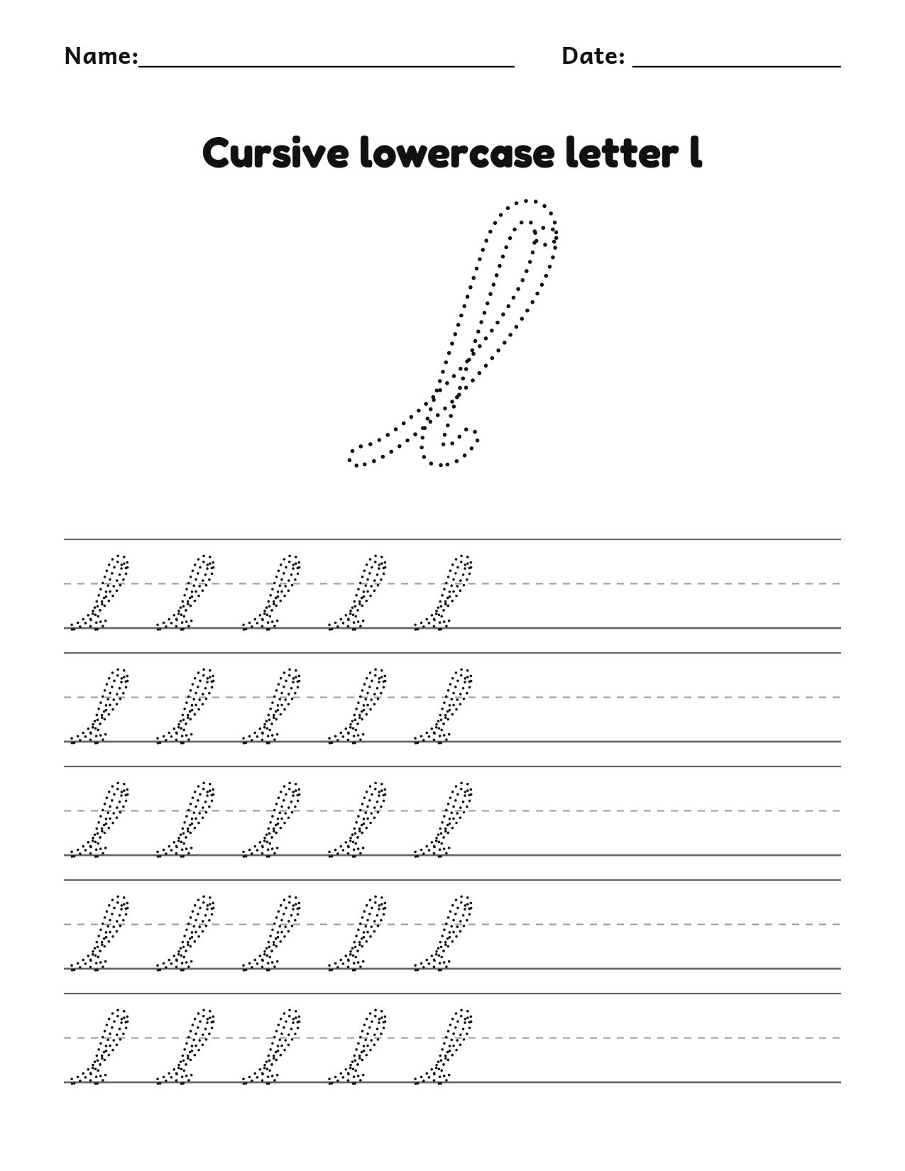 Cursive lowercase letter l handwriting practice worksheet with dotted letters and writing lines