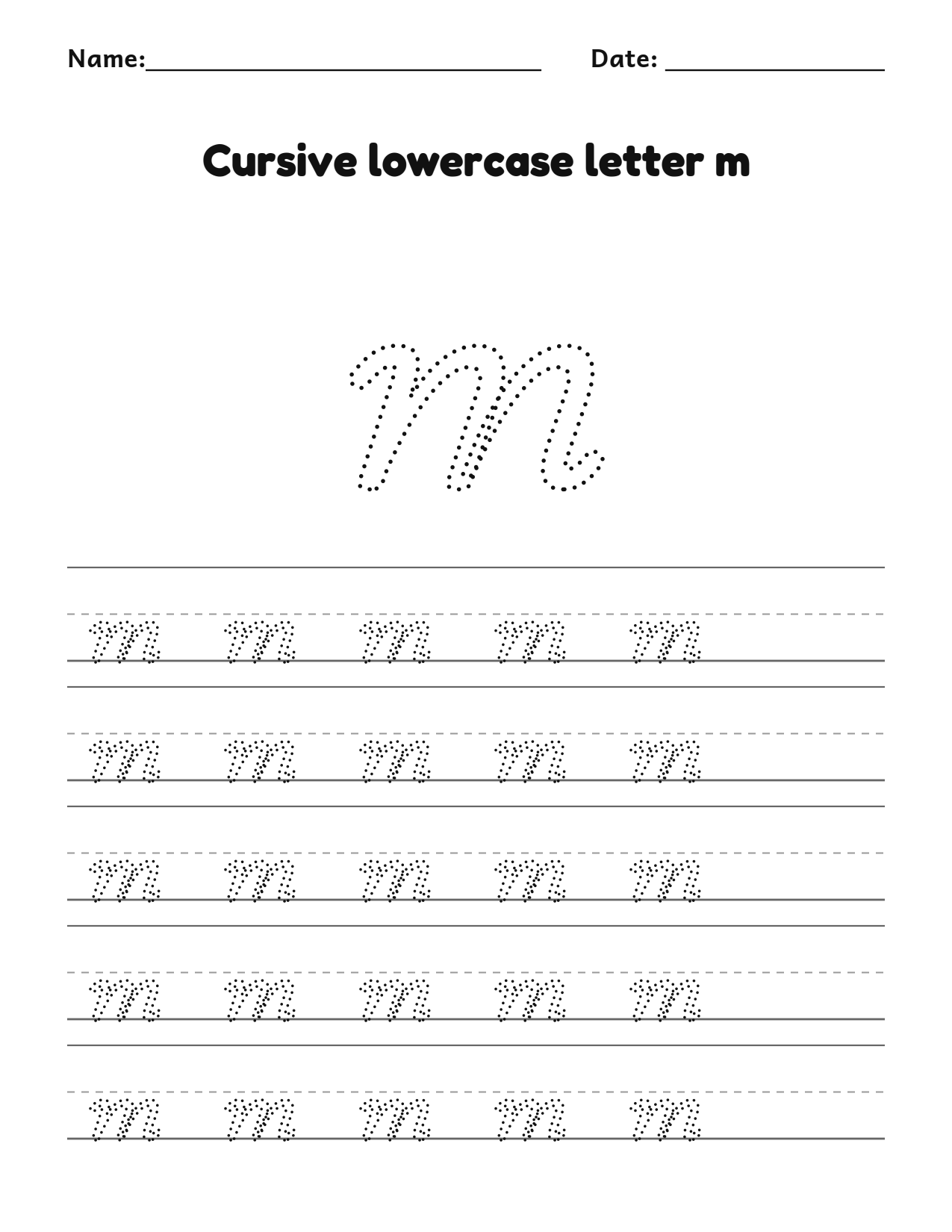 Cursive lowercase letter m handwriting practice worksheet with dotted letters and writing lines