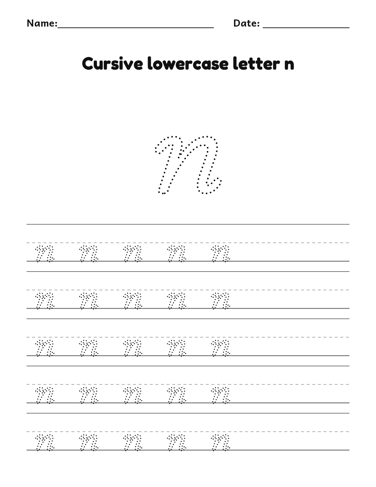 Cursive lowercase letter n handwriting practice worksheet with dotted letters and writing lines
