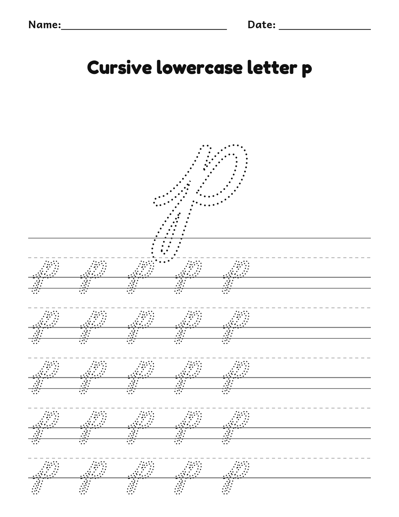 Cursive lowercase letter p handwriting practice worksheet with dotted letters and writing lines