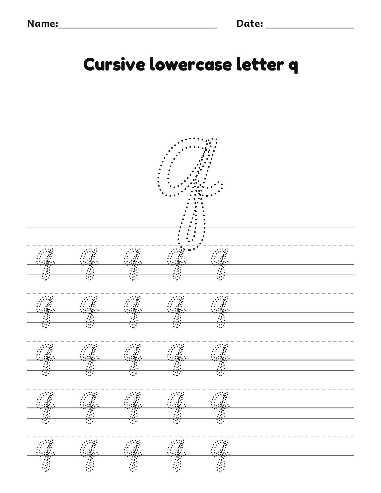Cursive lowercase letter q handwriting practice worksheet with dotted letters and writing lines