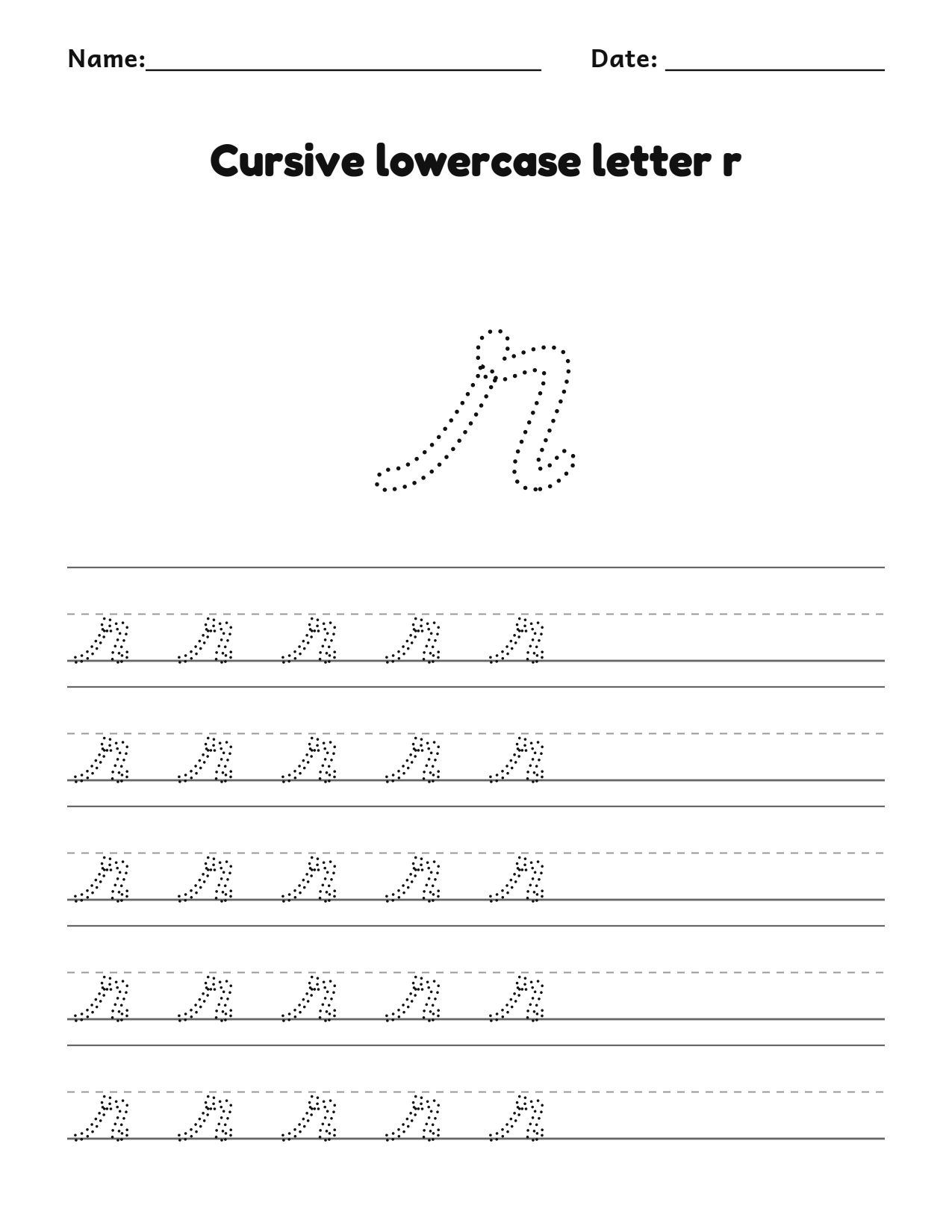 Cursive lowercase letter r handwriting practice worksheet with dotted letters and writing lines
