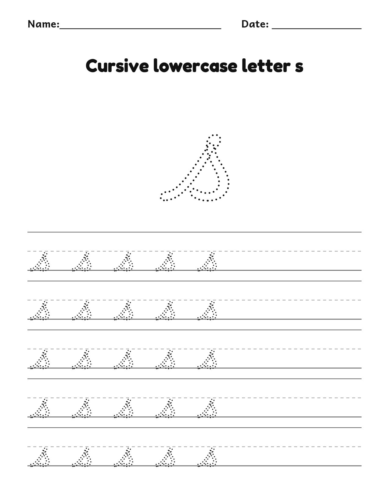 Cursive lowercase letter s handwriting practice worksheet with dotted letters and writing lines
