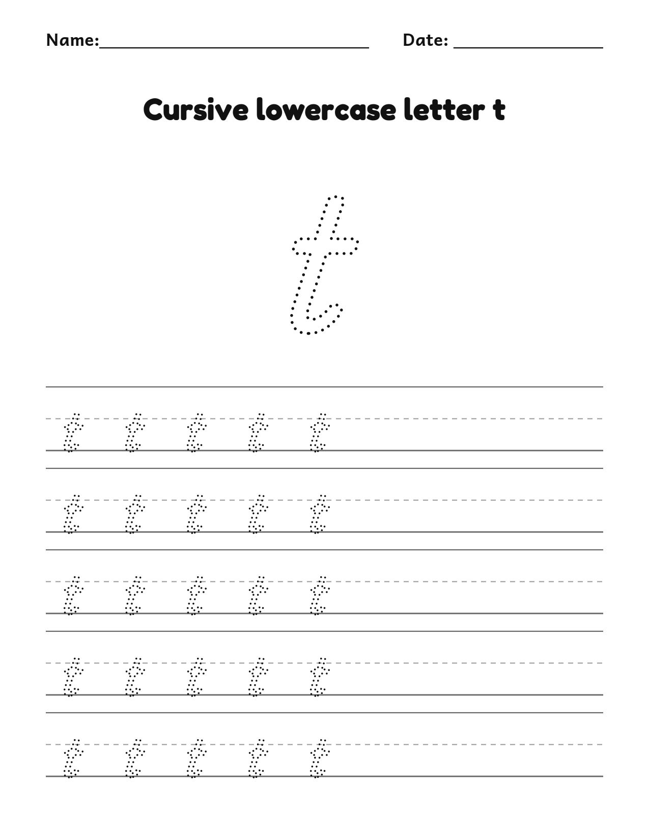 Cursive lowercase letter t handwriting practice worksheet with dotted letters and writing lines