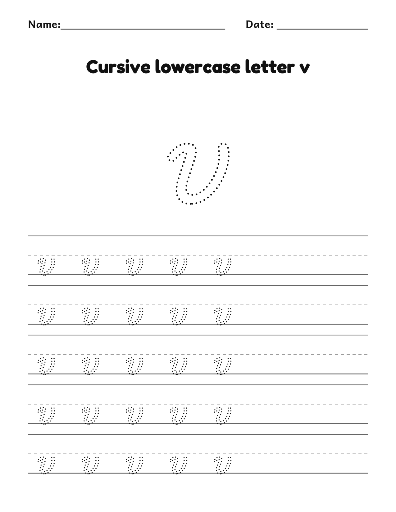 Cursive lowercase letter v handwriting practice worksheet with dotted letters and writing lines