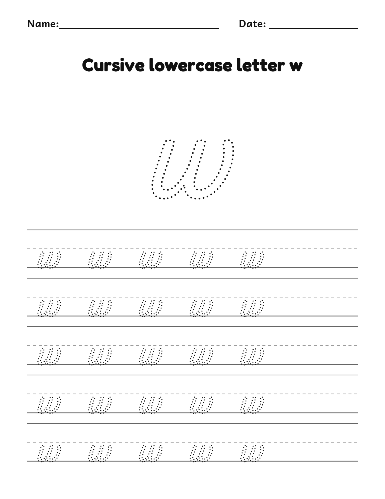 Cursive lowercase letter w handwriting practice worksheet with dotted letters and writing lines