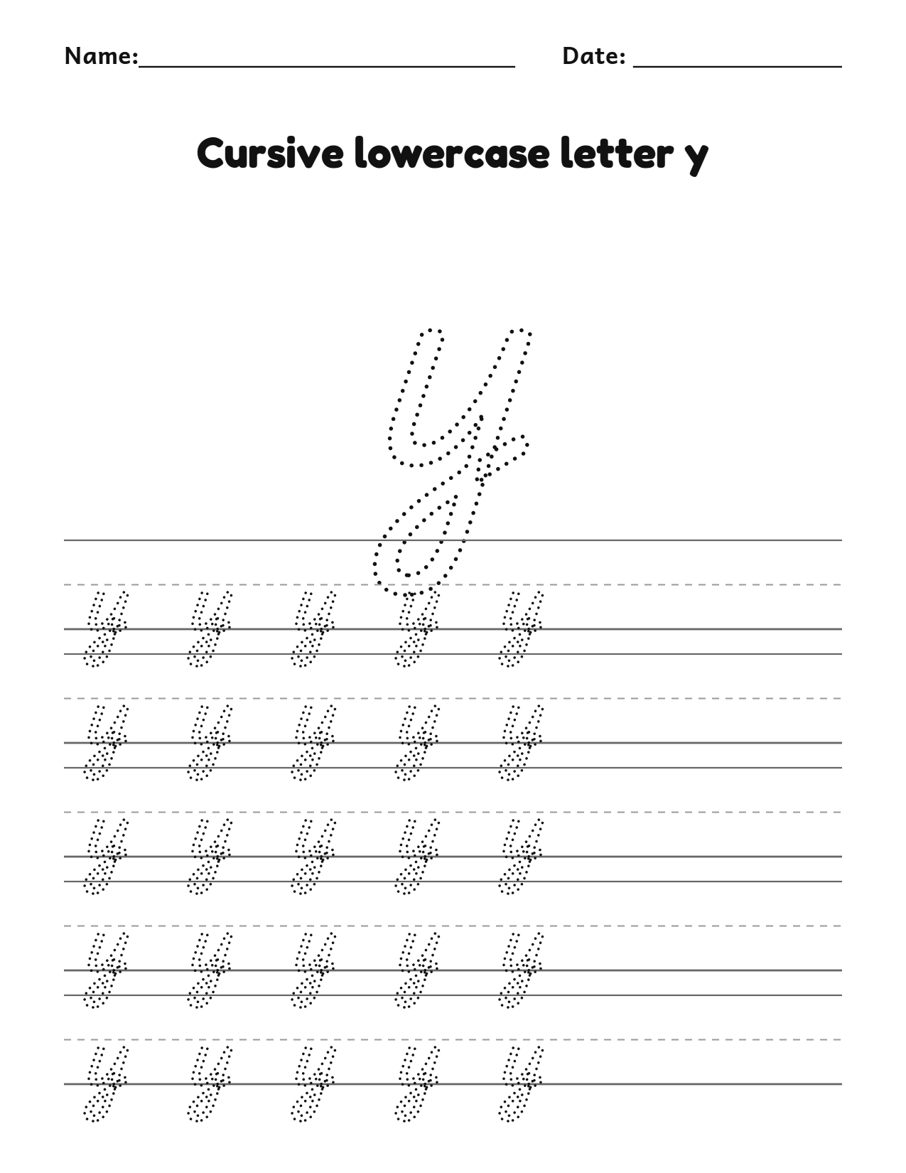 Cursive lowercase letter y handwriting practice worksheet with dotted letters and writing lines