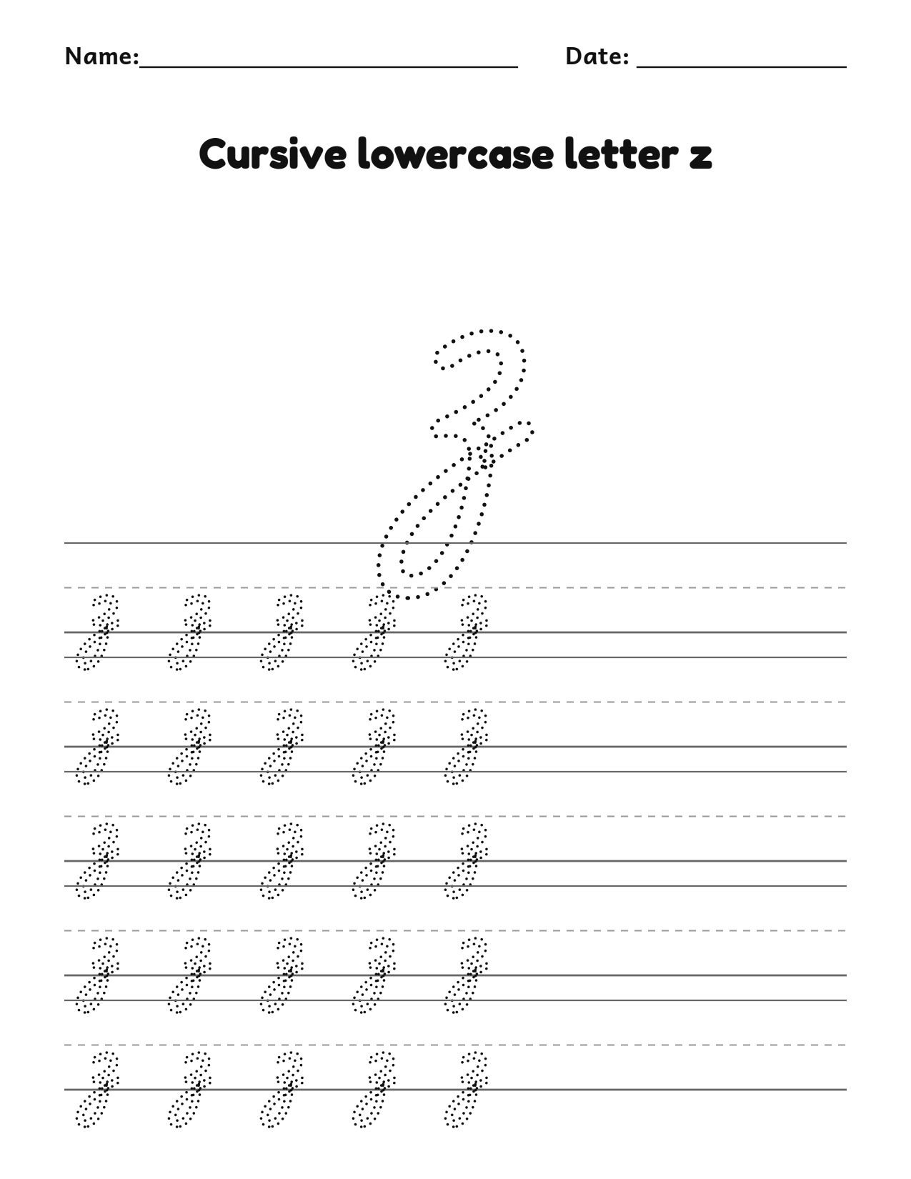 Cursive lowercase letter z handwriting practice worksheet with dotted letters and writing lines