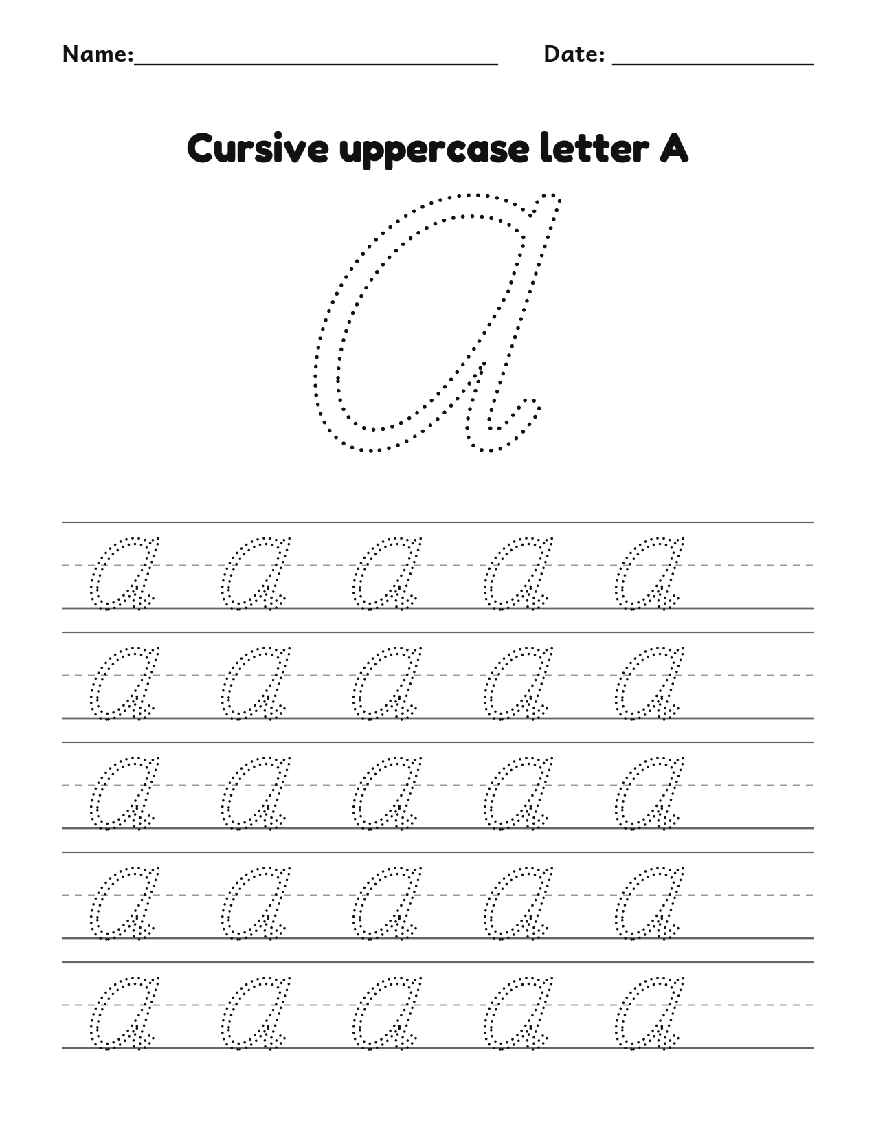 Cursive uppercase letter A handwriting practice worksheet with dotted letters and writing lines