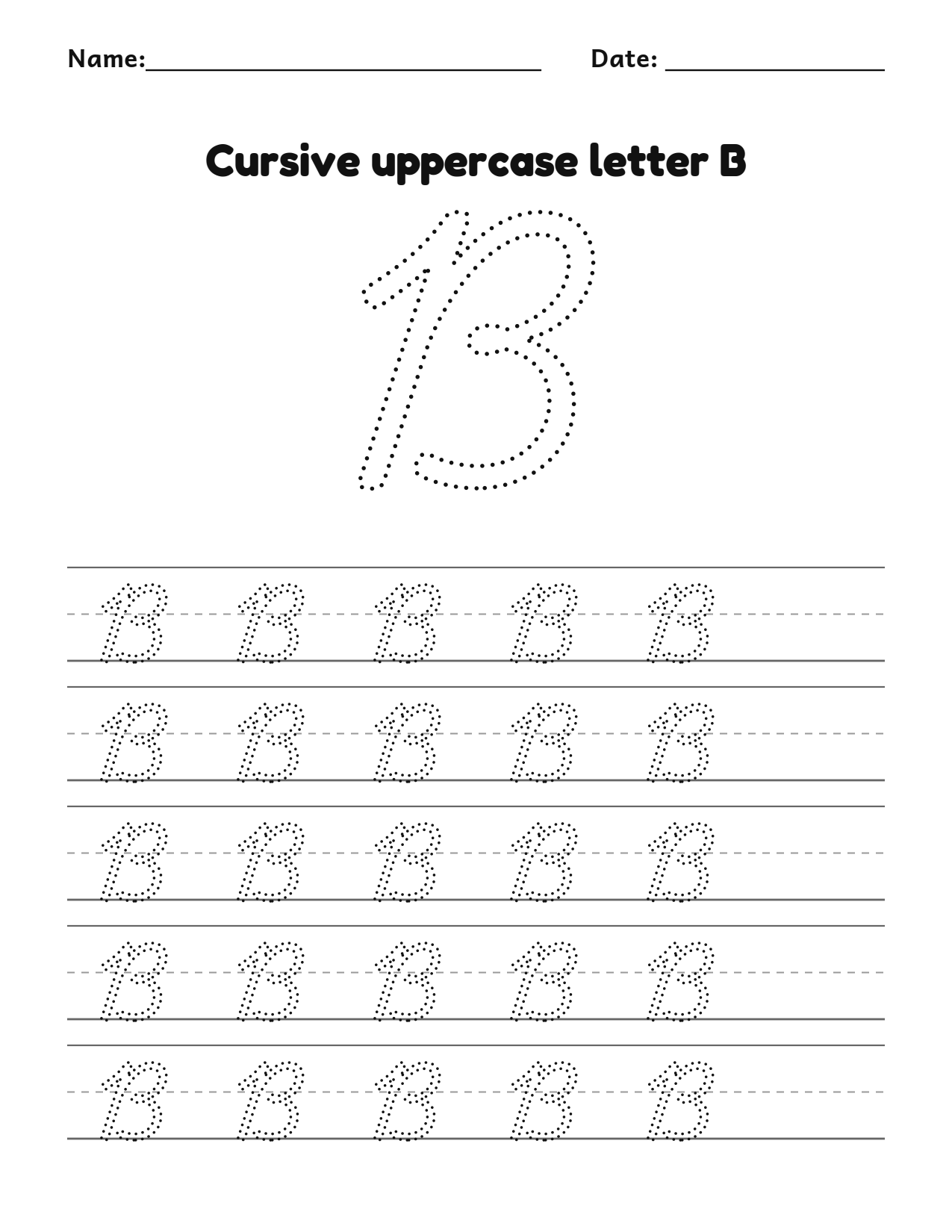 Cursive uppercase letter B handwriting practice worksheet with dotted letters and writing lines