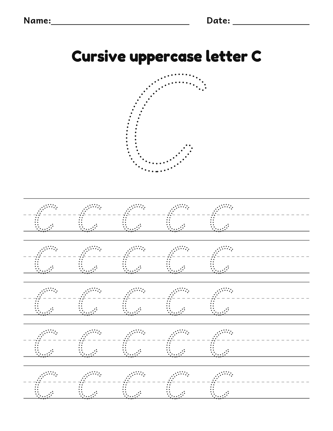 Cursive uppercase letter C handwriting practice worksheet with dotted letters and writing lines