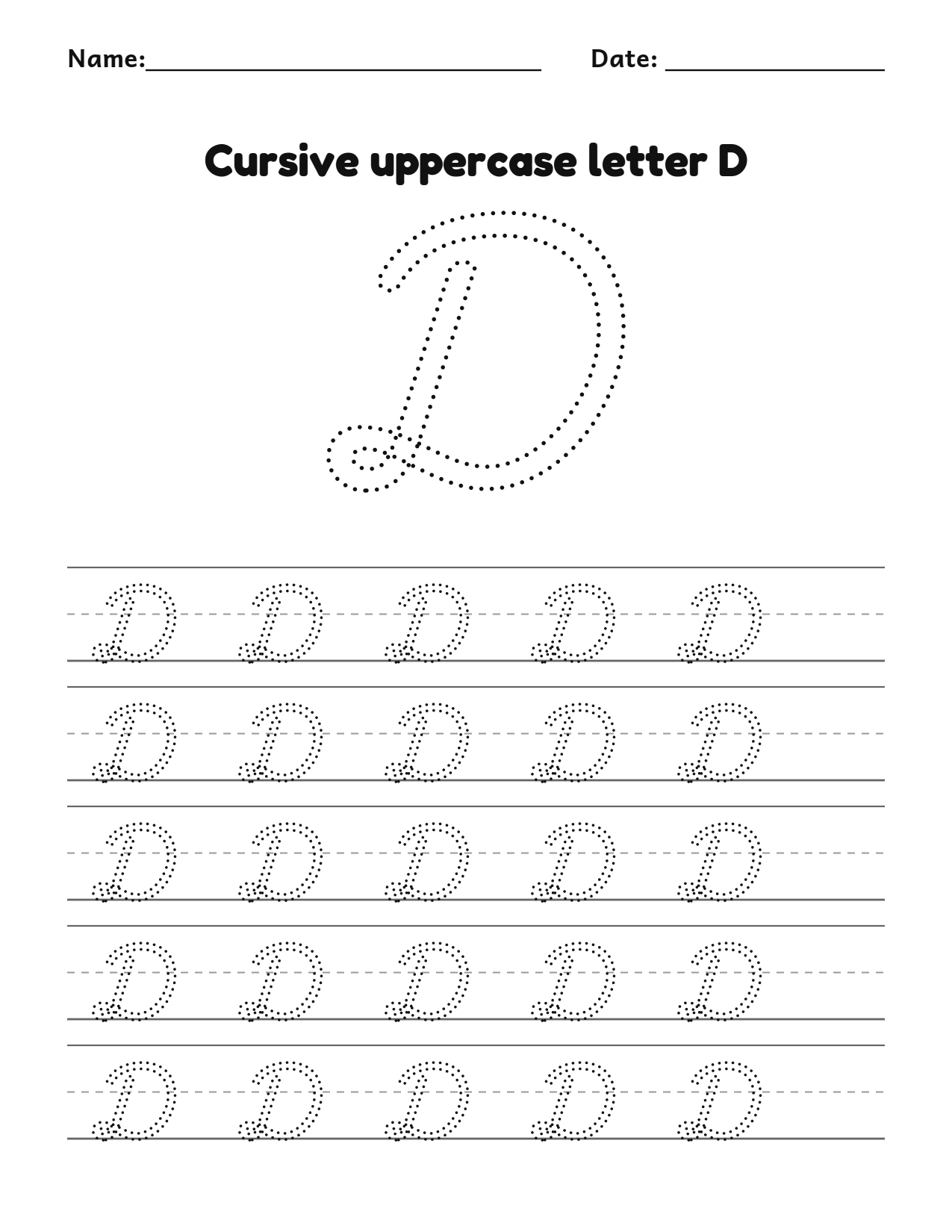 Cursive uppercase letter D handwriting practice worksheet with dotted letters and writing lines