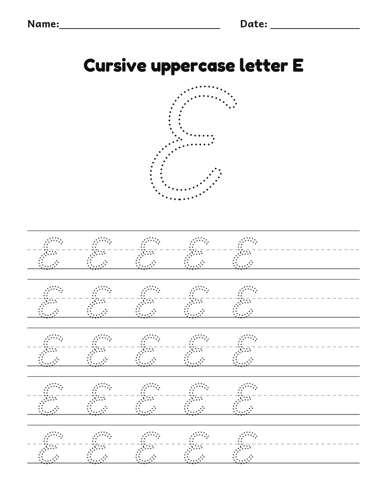 Cursive uppercase letter E handwriting practice worksheet with dotted letters and writing lines