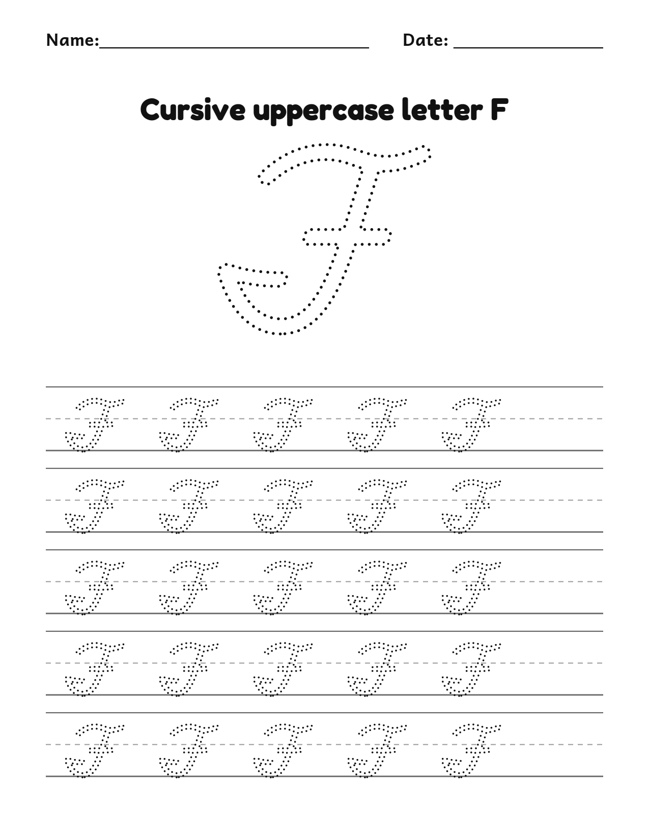 Cursive uppercase letter F handwriting practice worksheet with dotted letters and writing lines
