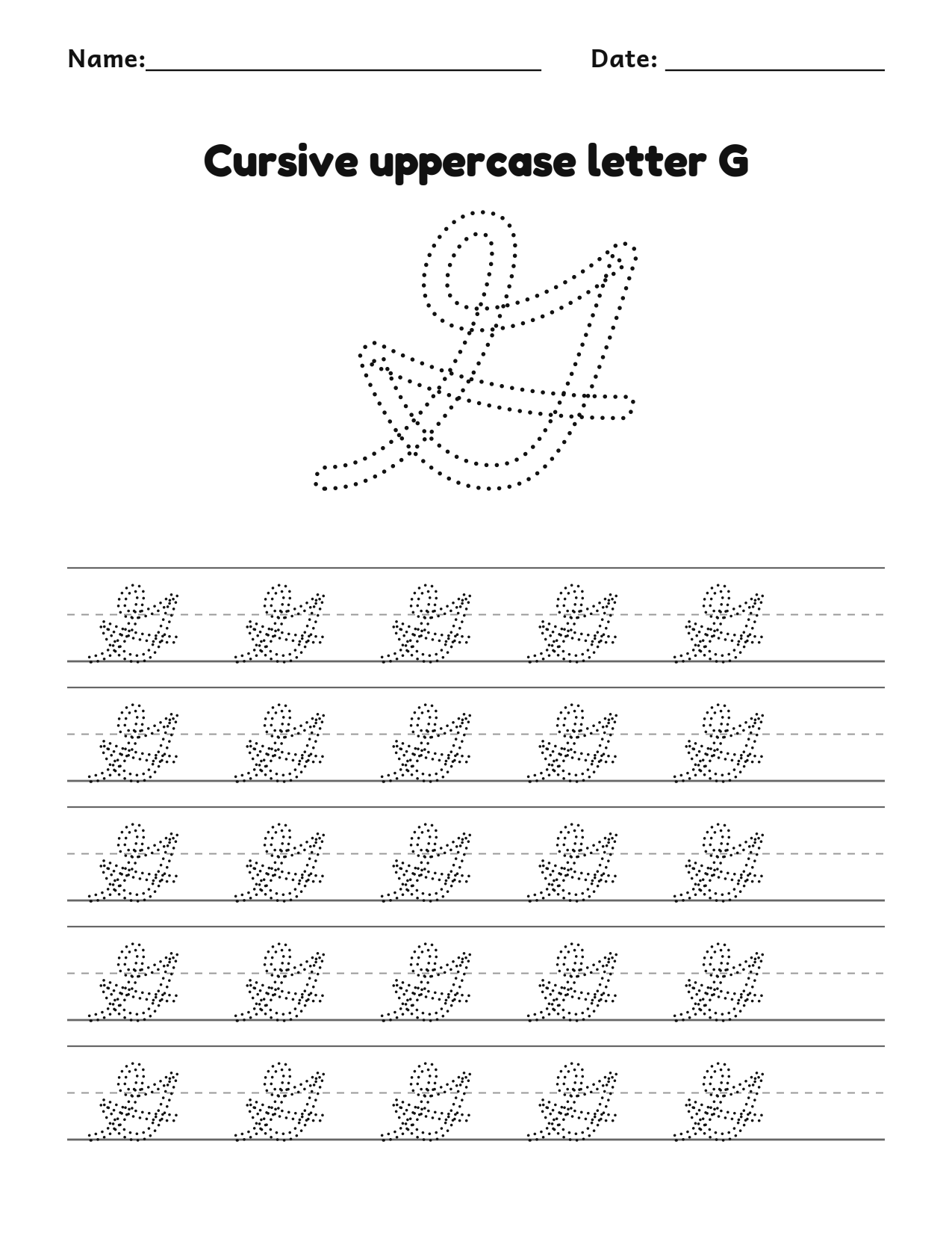 Cursive uppercase letter G handwriting practice worksheet with dotted letters and writing lines