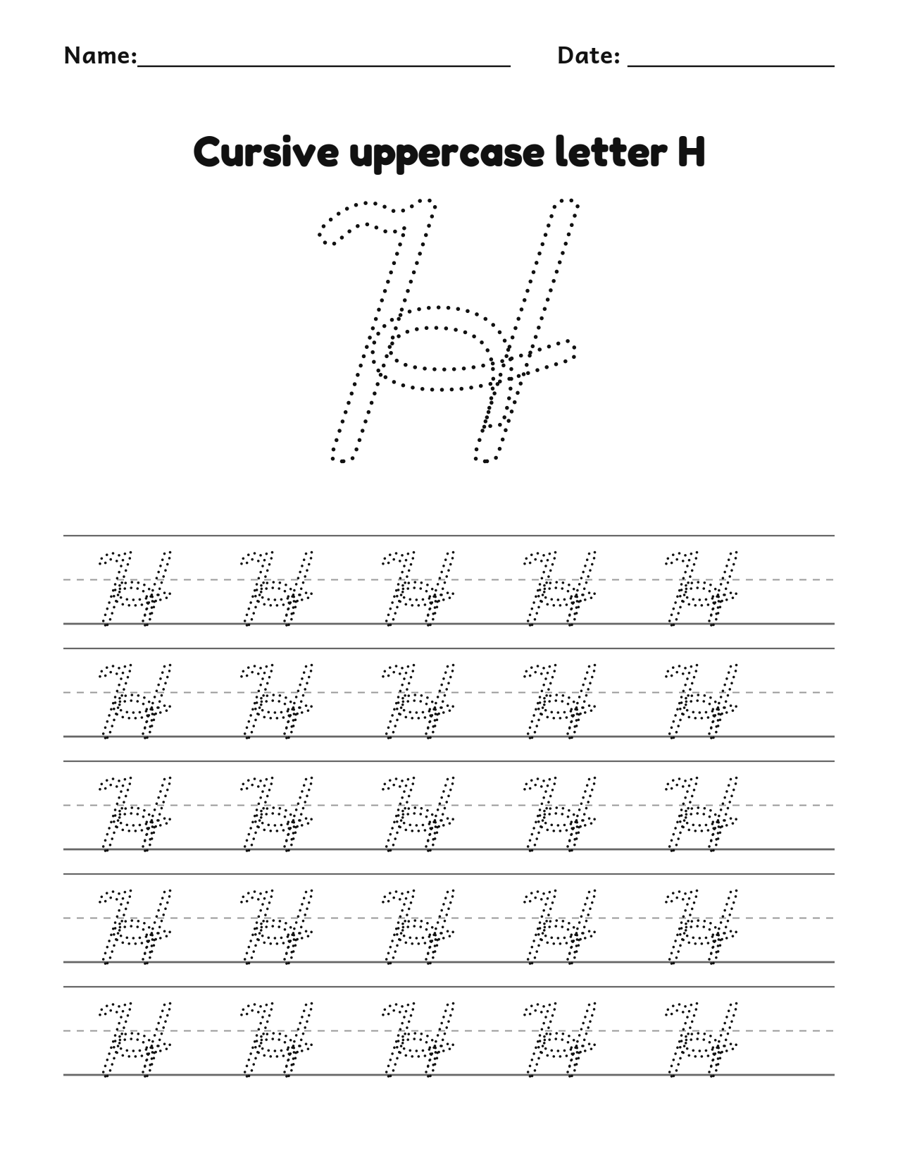 Cursive uppercase letter H handwriting practice worksheet with dotted letters and writing lines